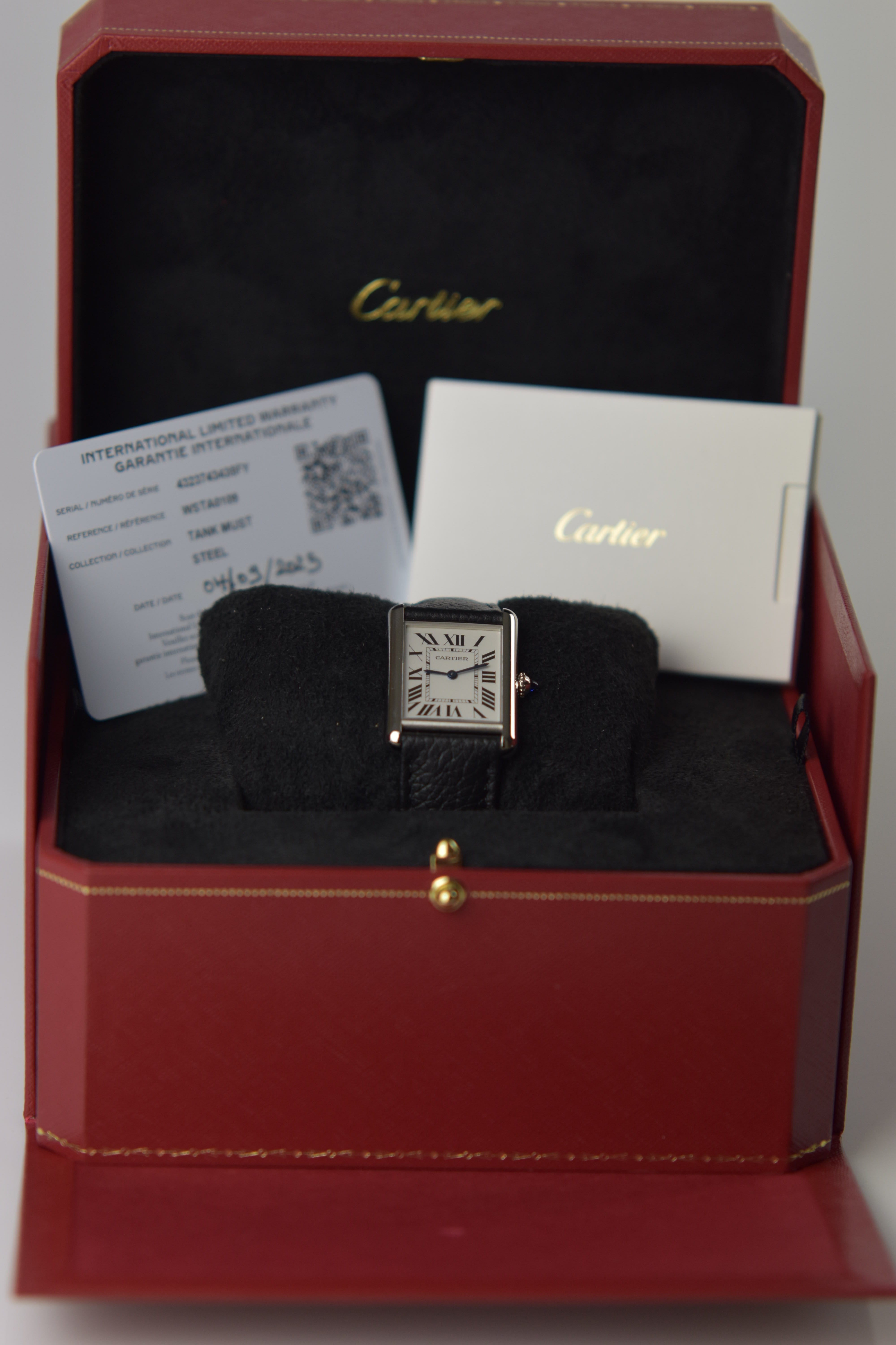 Cartier Tank Must WSTA0136 Stainless Steel Silver Dial Black Leather Strap