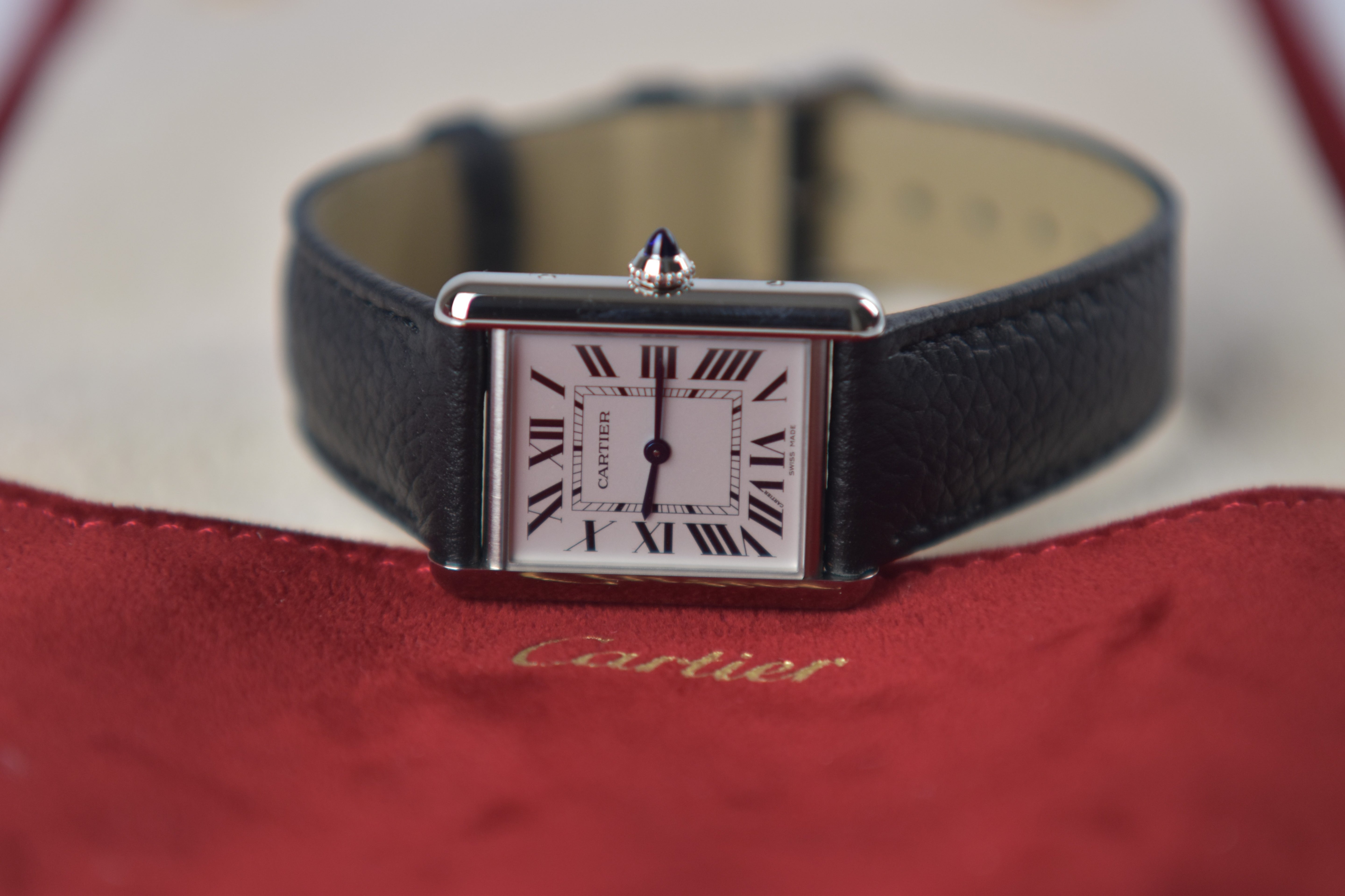 Cartier Tank Must WSTA0136 Stainless Steel Silver Dial Black Leather Strap