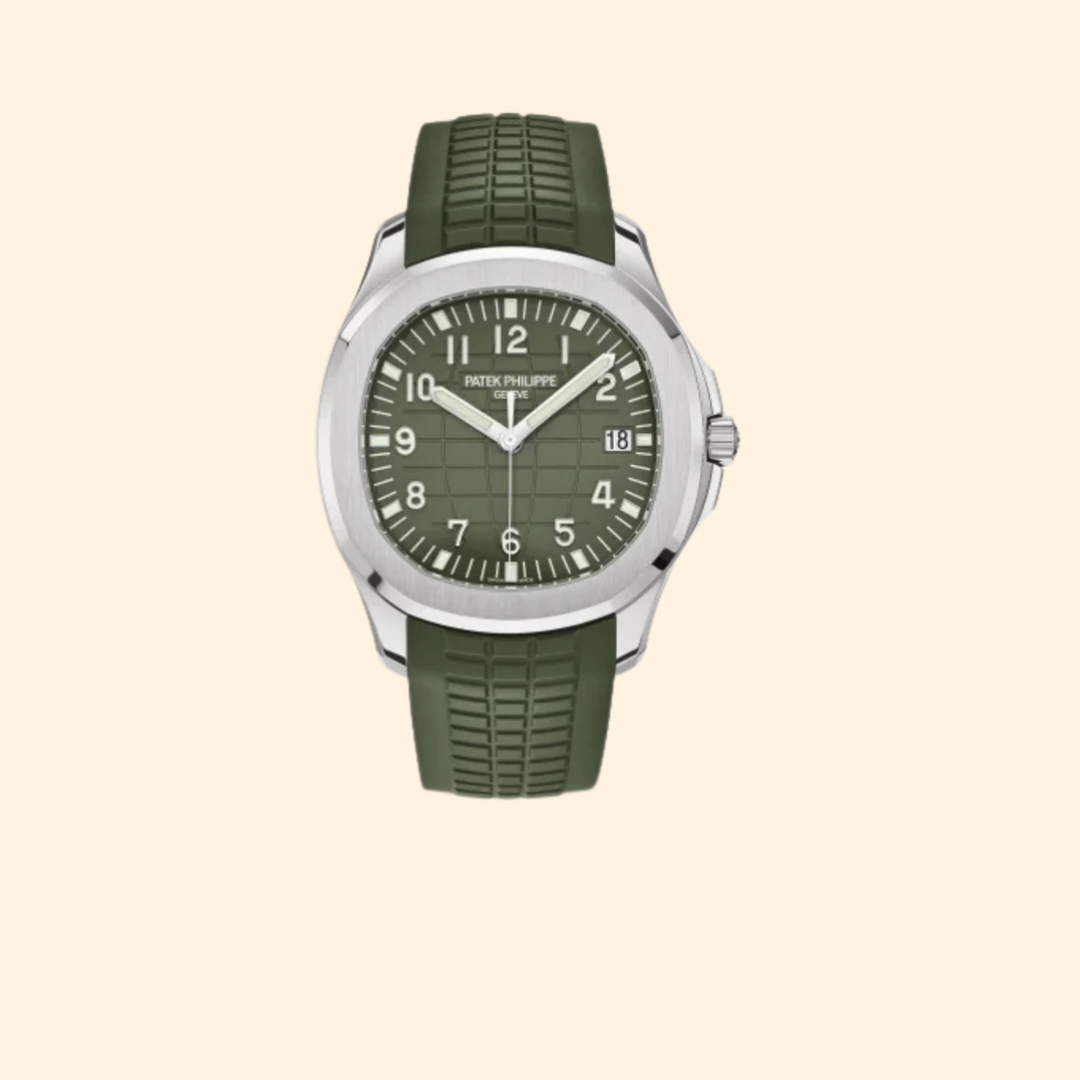 Patek Philippe Aquanaut Ref. 5168G-010 – 42.2mm White Gold with Khaki Green Embossed Dial and Tropical Strap
