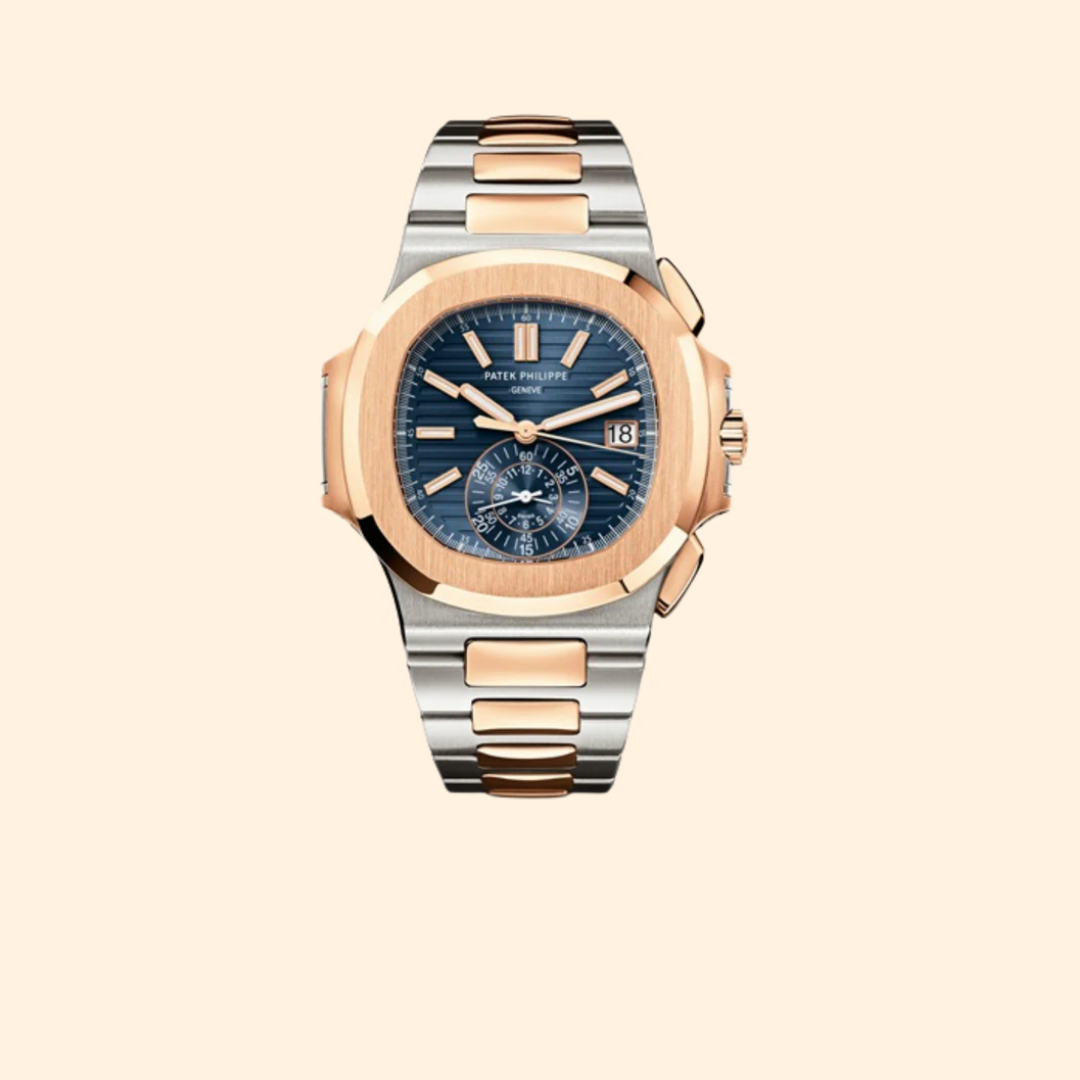 Patek Philippe Nautilus Chronograph Ref. 5980/1AR Two-Tone Stainless Steel & Rose Gold Bracelet Blue Embossed Dial