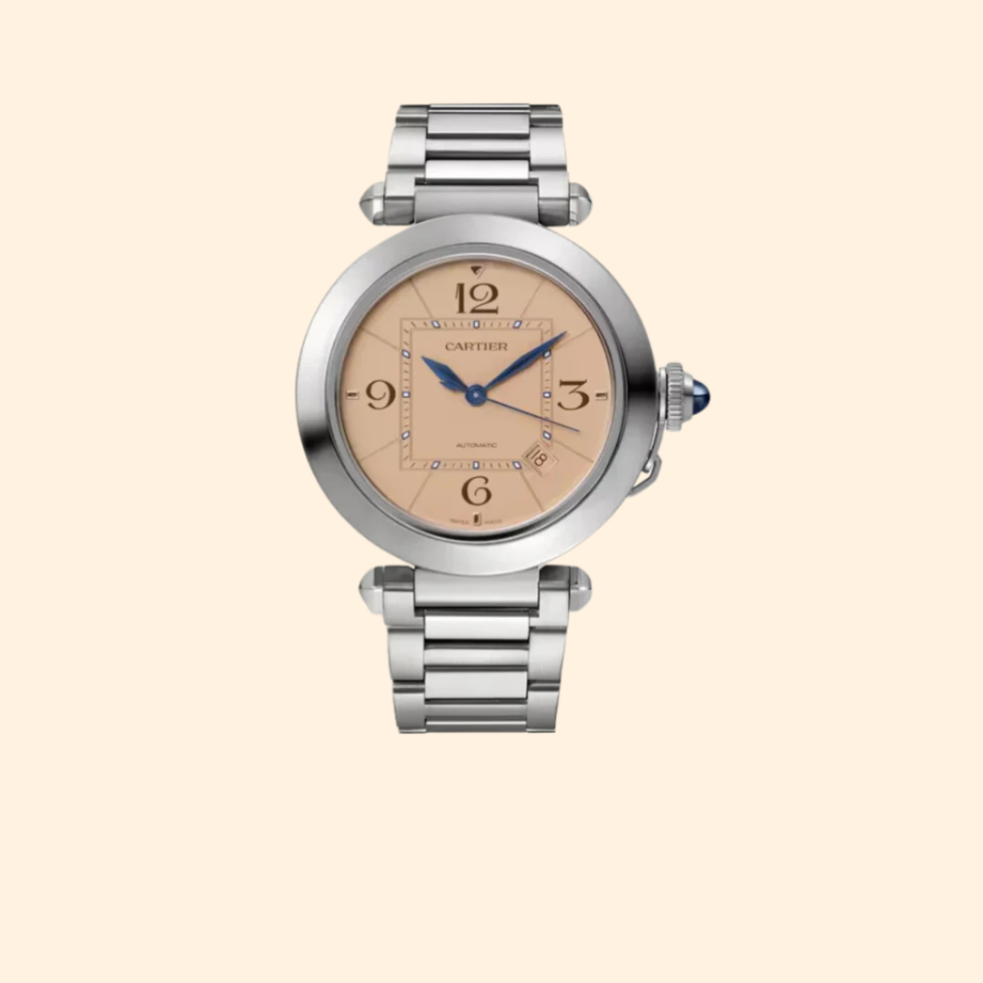 Pasha de Cartier 41 mm Stainless Steel with Grained Salmon Color Dial