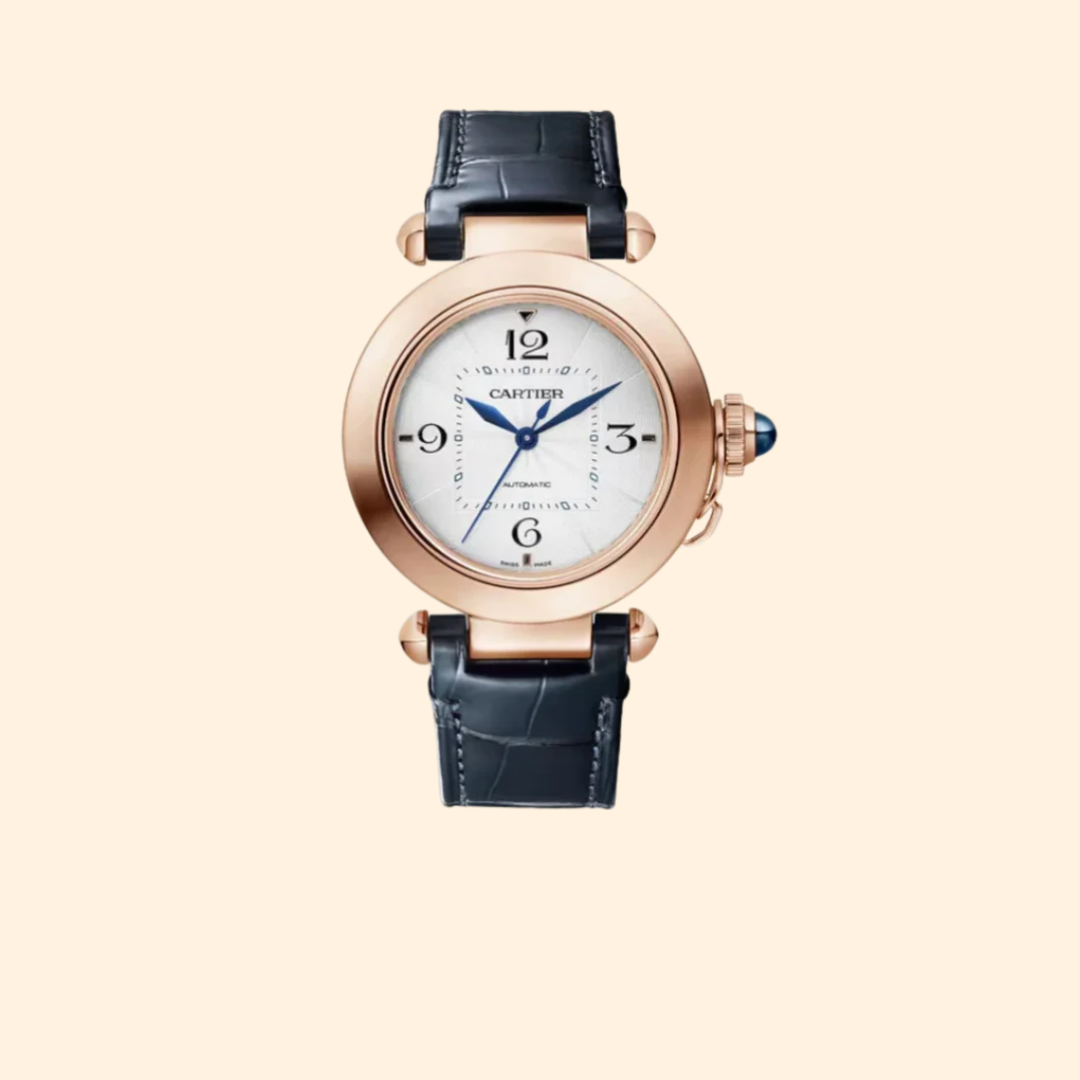 Pasha de Cartier 35 mm 18k Rose Gold Silver Flinqué Dial