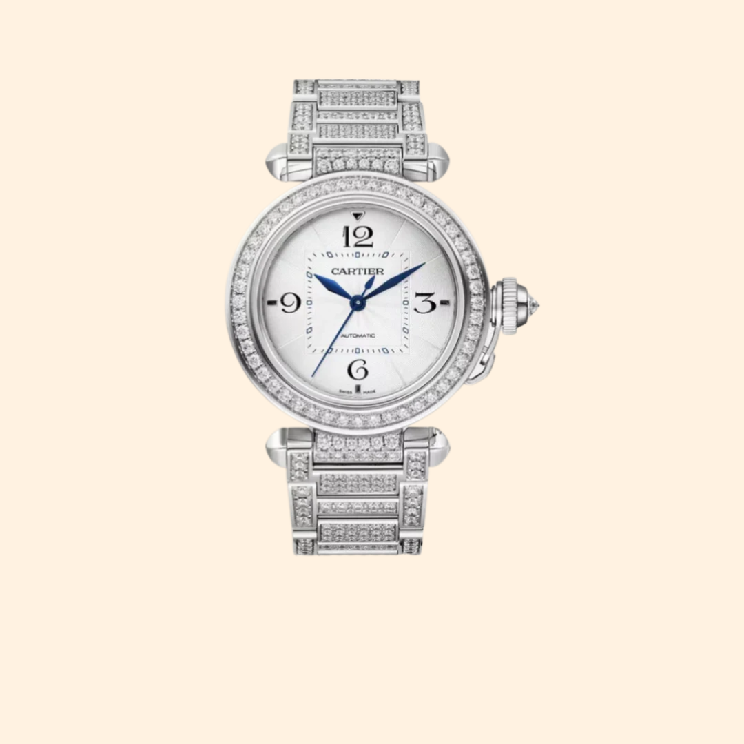 Pasha de Cartier 35 mm Rhodiumized 18k White Gold Silver Flinqué Dial