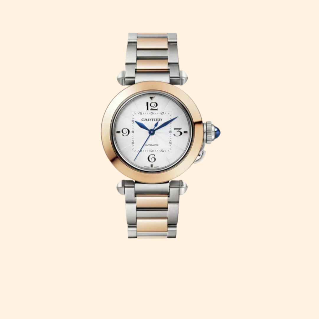Pasha de Cartier 35 mm Stainless Steel with 18k Rose Gold Bezel and Silver Flinqué Dial