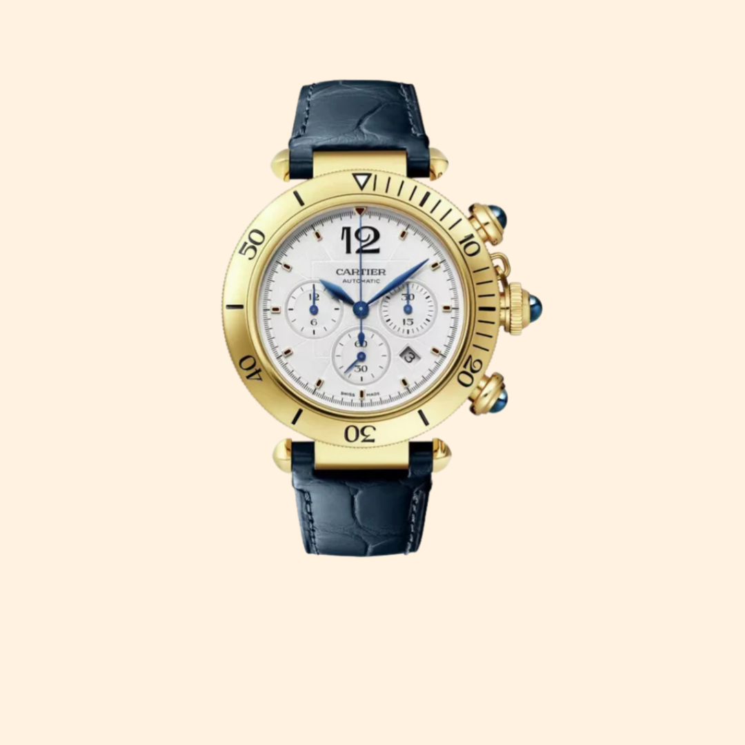 Pasha de Cartier 41 mm Chronograph 18k Yellow Gold with Silver Flinqué Dial