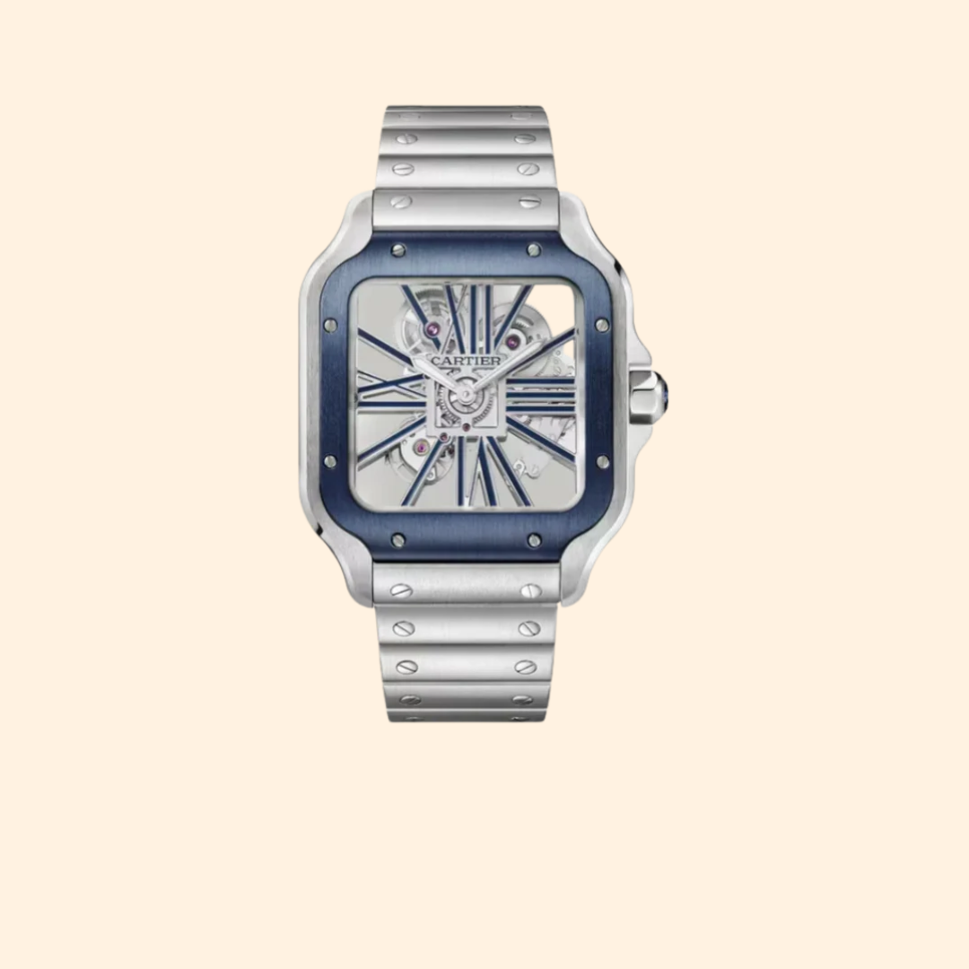 Santos de Cartier 28 mm Stainless Steel with Openworked Blue Accents