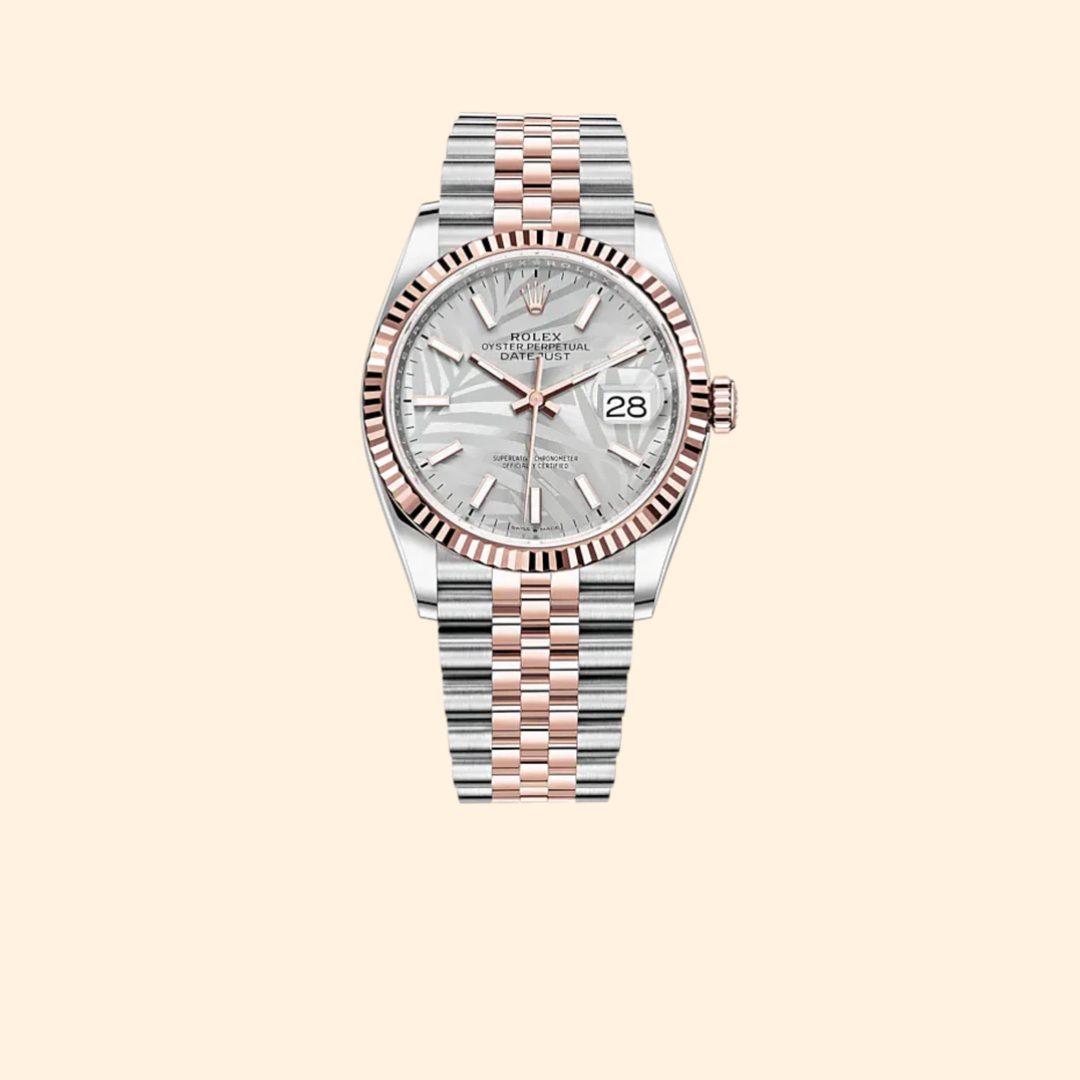 Rolex Datejust 36 Ref. 126231 – Two Tone Oystersteel & Everose Gold Silver Palm-Motif Dial Fluted Bezel on Jubilee