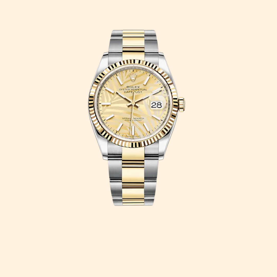 Rolex Datejust 36 Ref. 126233 – Two Tone Oystersteel & Yellow Gold Golden Palm-Motif Dial Fluted Bezel on Oyster