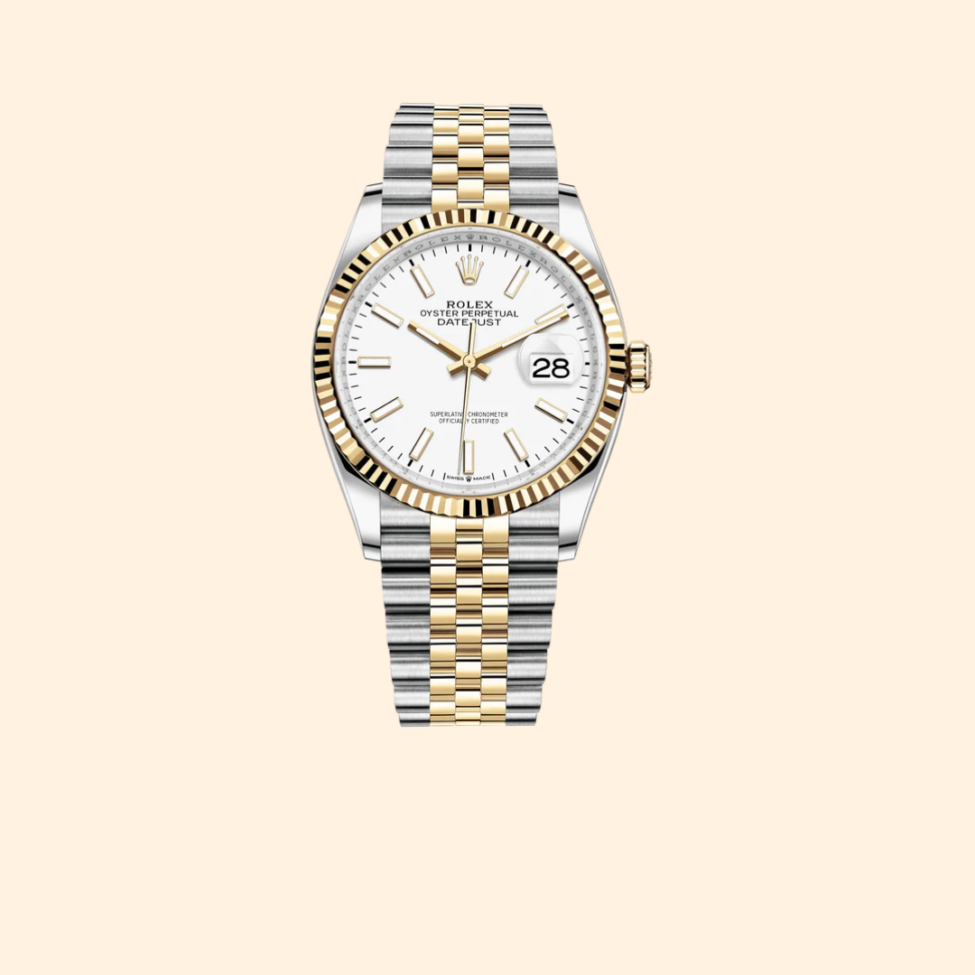 Rolex Datejust 36 Ref. 126233 – Two Tone Oystersteel & Yellow Gold White Fluted-Motif Dial Fluted Bezel on Jubilee