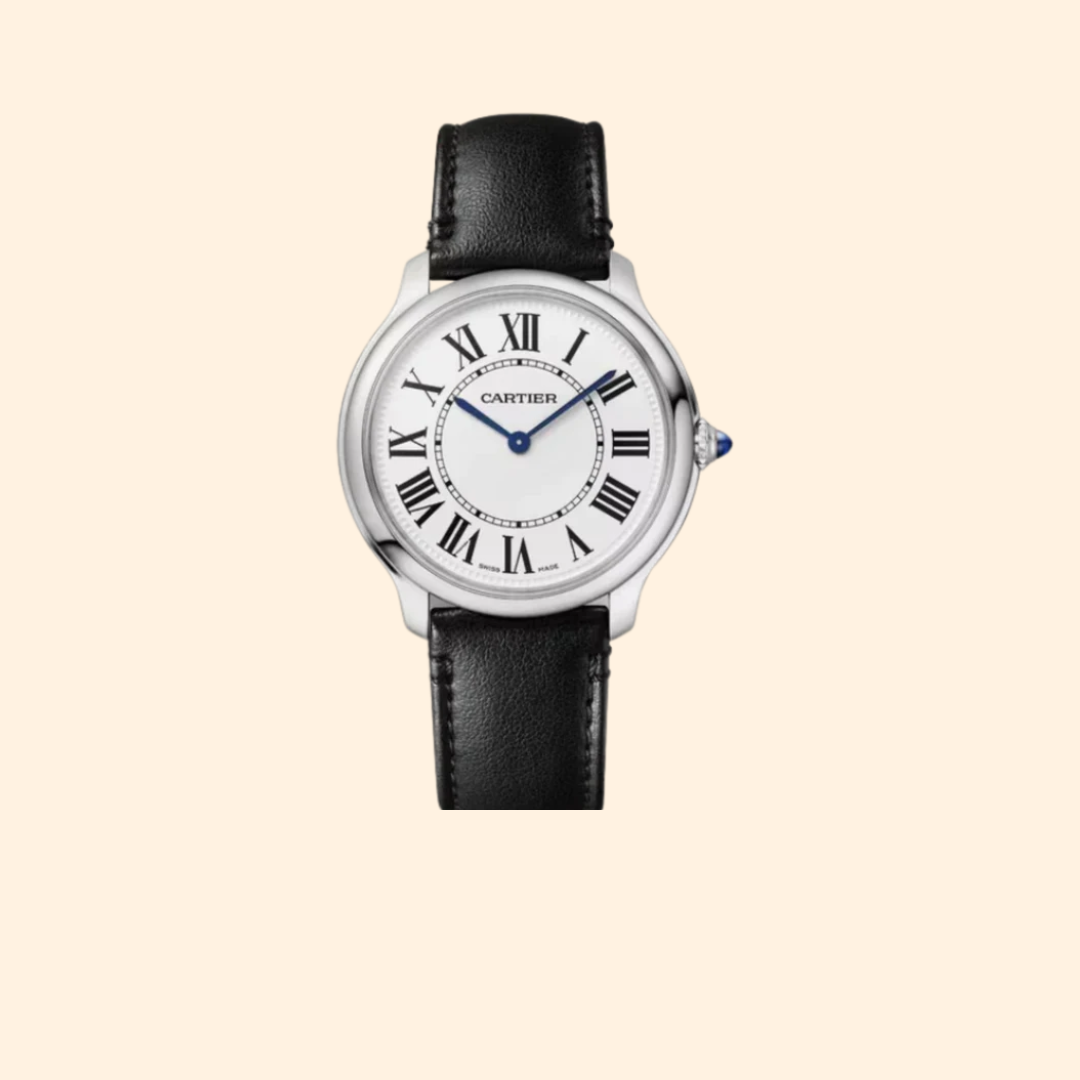 Cartier Ronde Must de Cartier Ref. WSRN0032 – 36mm Stainless Steel with Sandblasted Silver Dial on Black Leather Strap