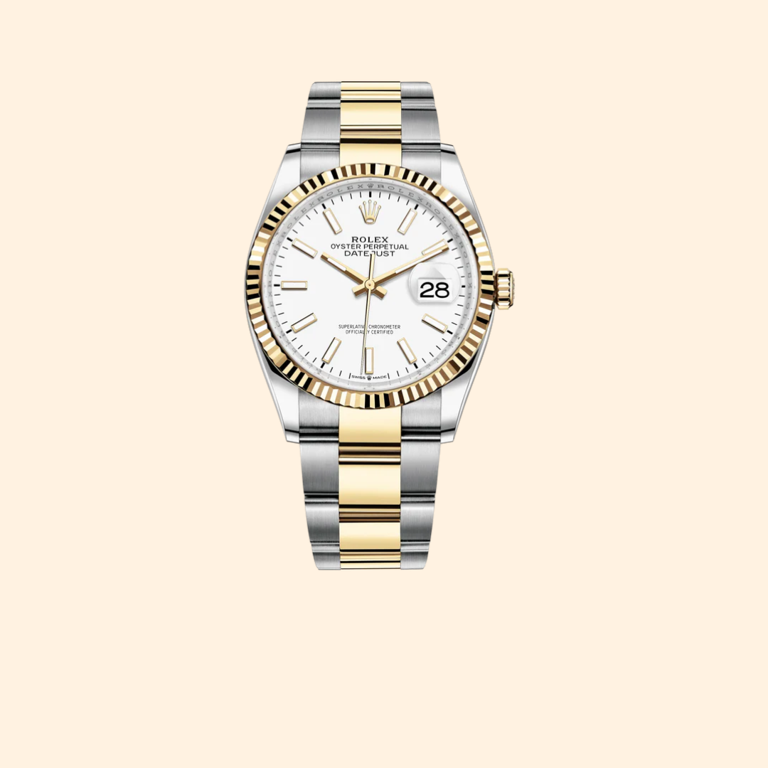 Rolex Datejust 36 Ref. 126233 – Two Tone Oystersteel & Yellow Gold White Dial Fluted Bezel on Oyster