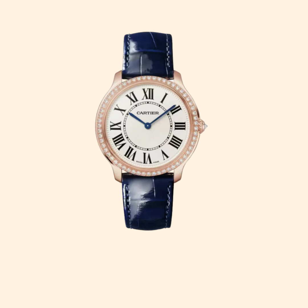 Cartier Ronde Louis de Cartier Ref. WRRNR0002 – 36mm 18K Rose Gold with Sandblasted Beige Dial and Diamond Bezel on Blue Alligator Strap