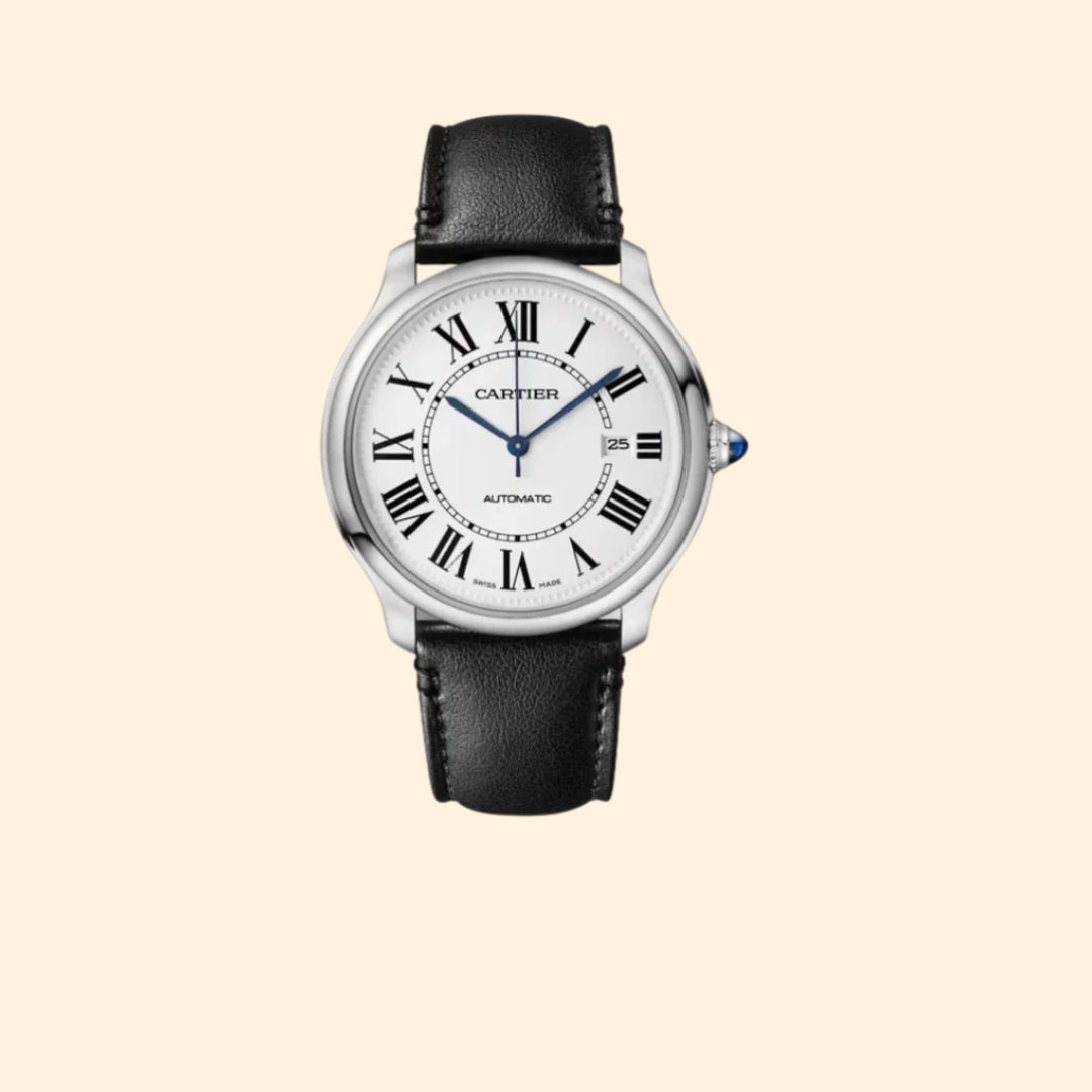 Cartier Ronde Must de Cartier Ref. WSRN0035 – 36mm Stainless Steel with Sandblasted Silver Dial on Black Leather Strap