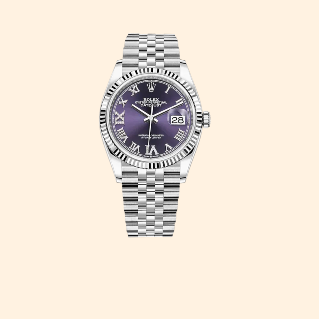 Rolex Datejust 36 Ref. 126234 – Oystersteel & White Gold Aubergine Roman Dial Fluted Bezel on Jubilee
