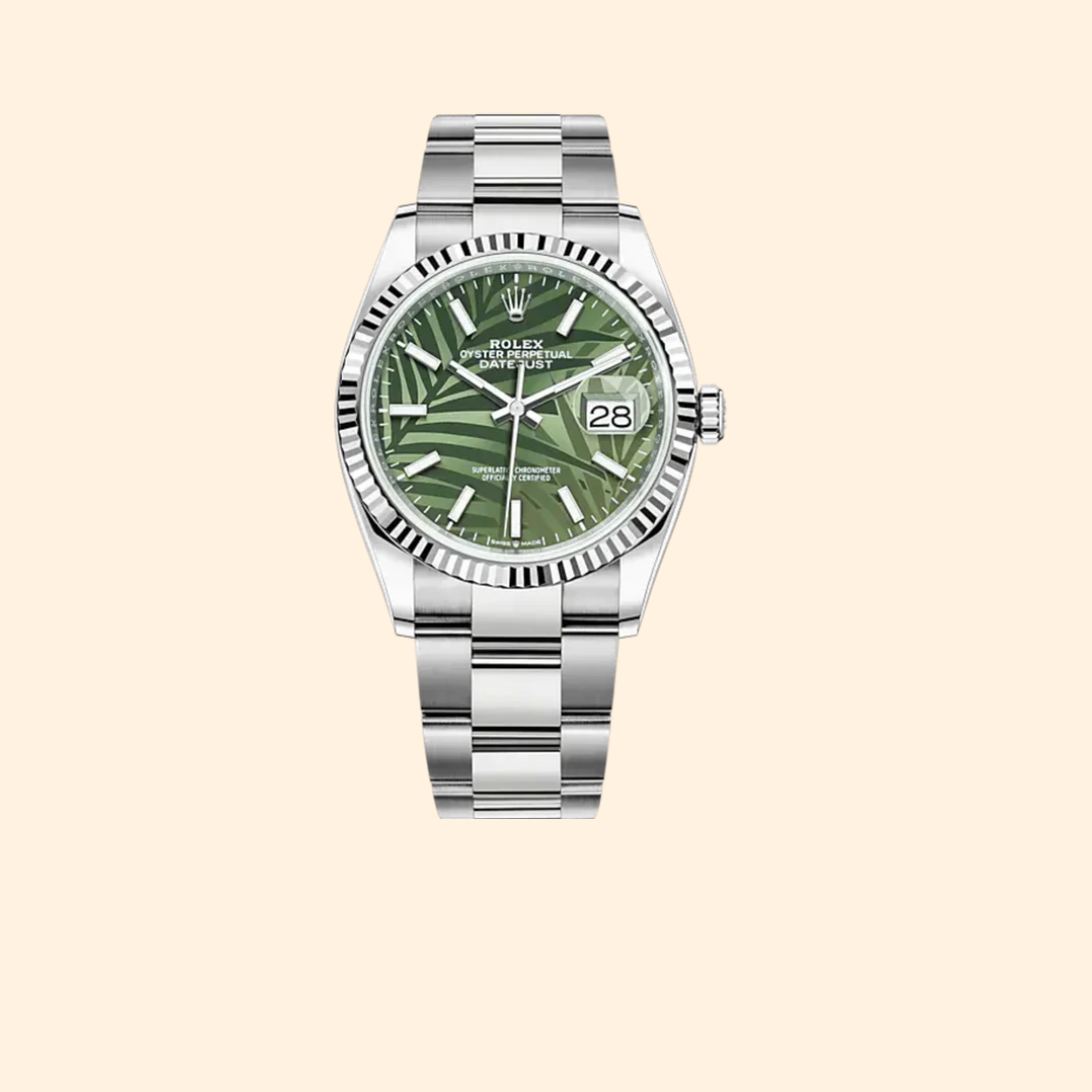 Rolex Datejust 36 Ref. 126234 – Oystersteel & White Gold Olive-Green Palm-Motif Dial Fluted Bezel on Oyster