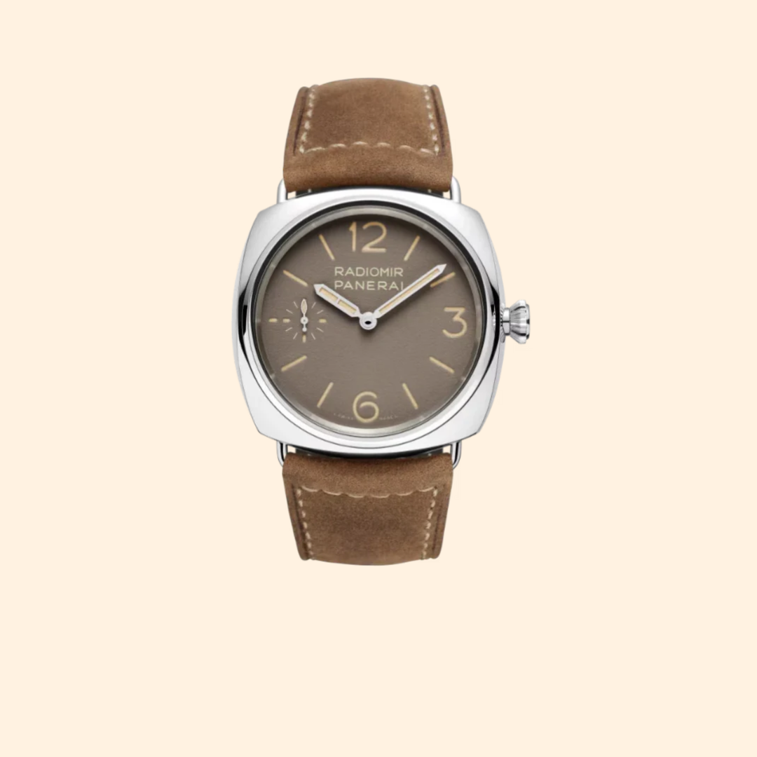 Panerai Radiomir Officine PAM01385 – 45mm Stainless Steel with Shaded Brown Dial on Brown Suede Strap