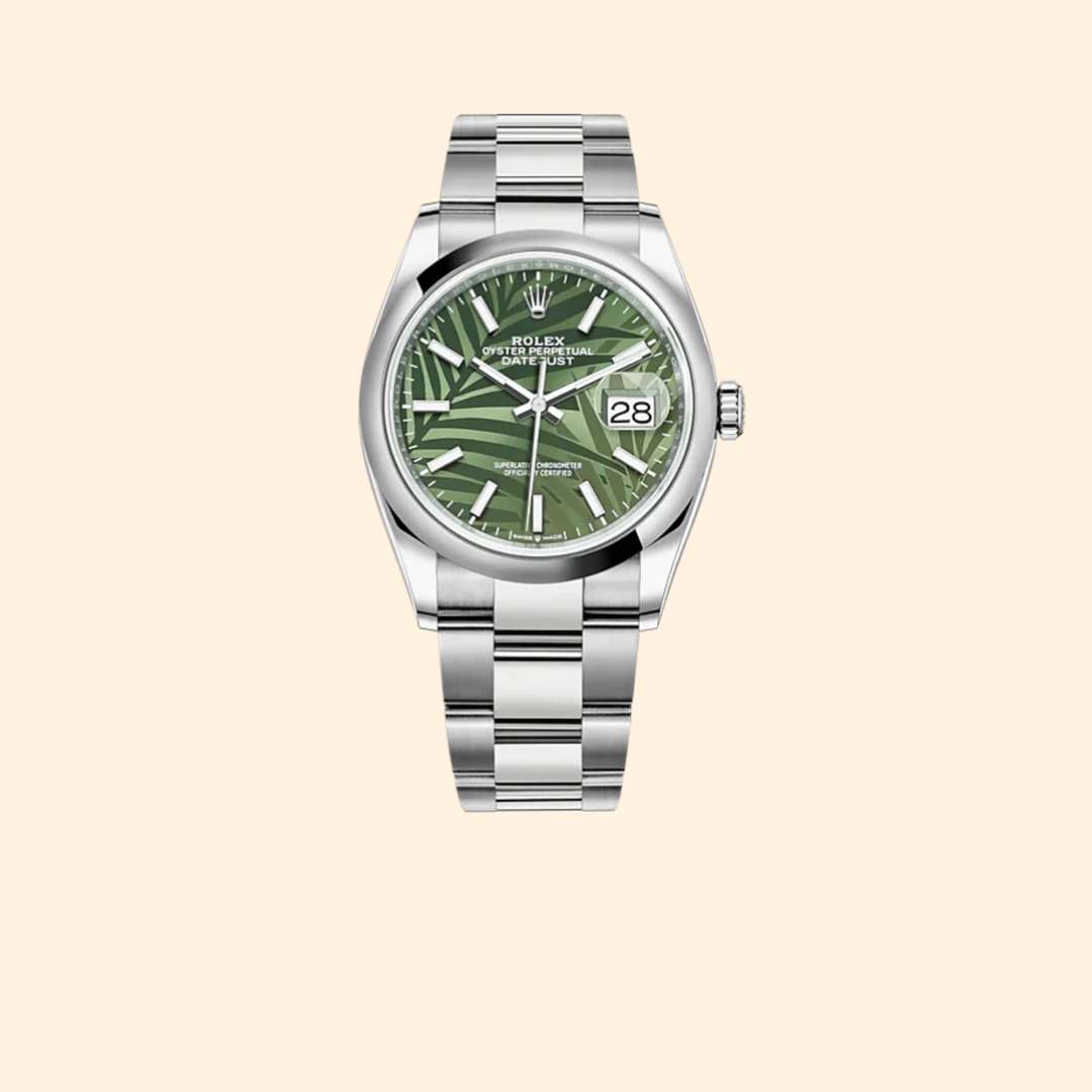 Rolex Datejust 36 Ref. 126200 – Olive-Green Palm-Motif Dial with Domed Bezel on Oyster Bracelet