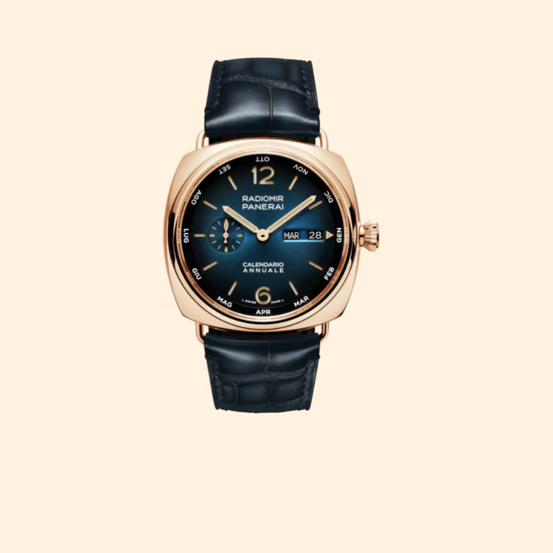 Panerai Radiomir Annual Calendar PAM01363 – 45mm Gold with Blue Dial on Blue Alligator Strap