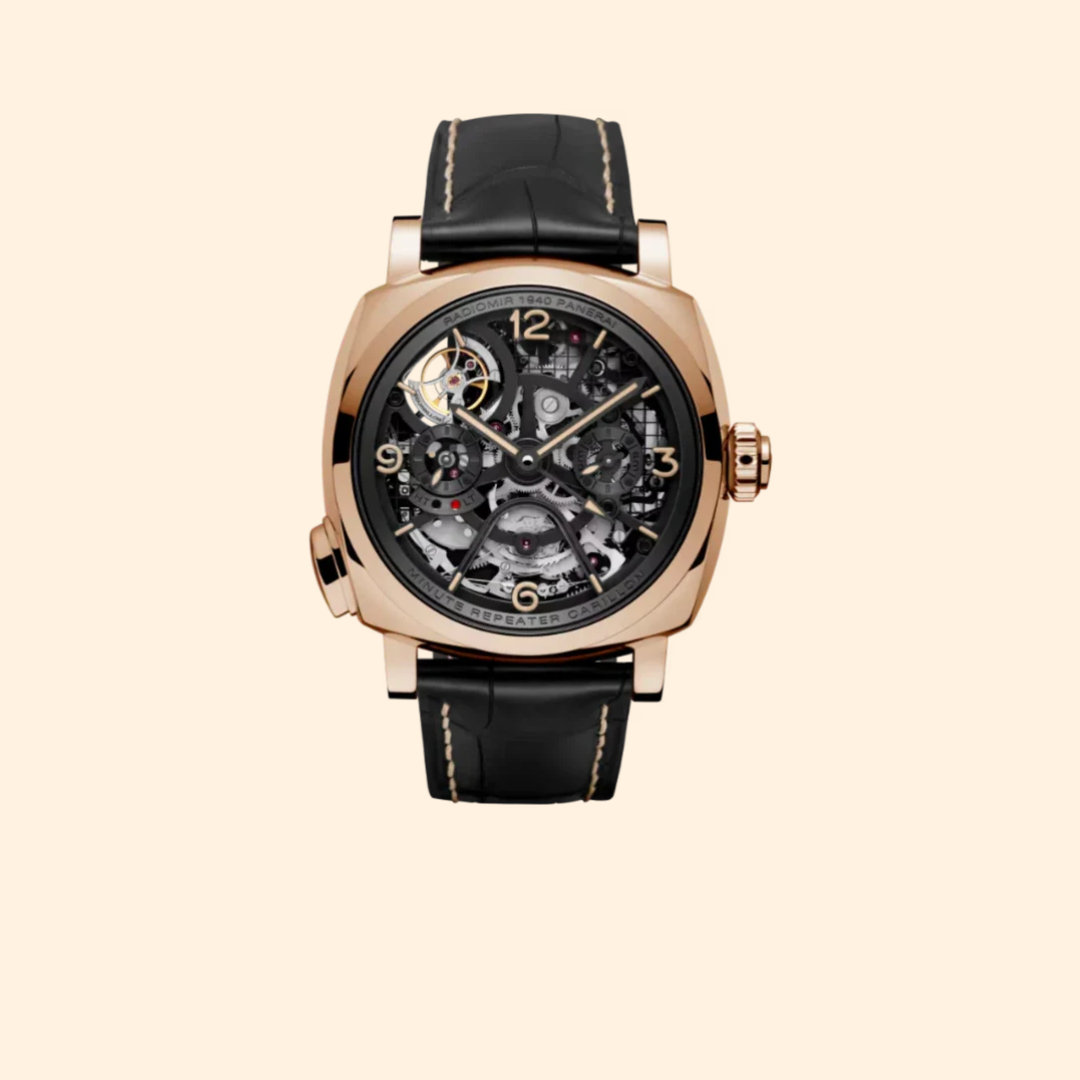 Panerai Radiomir Minute Repeater Tourbillon GMT PAM00600 – 49mm Gold with Black Skeleton Dial on Black Alligator Strap