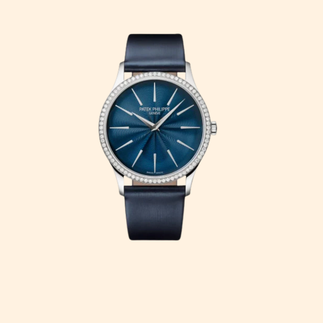 Patek Philippe Calatrava Ref. 4997/200G – 35mm White Gold Diamond-Set Bezel with Midnight Blue Guilloché Lacquered Dial on Shiny Navy Calfskin Strap