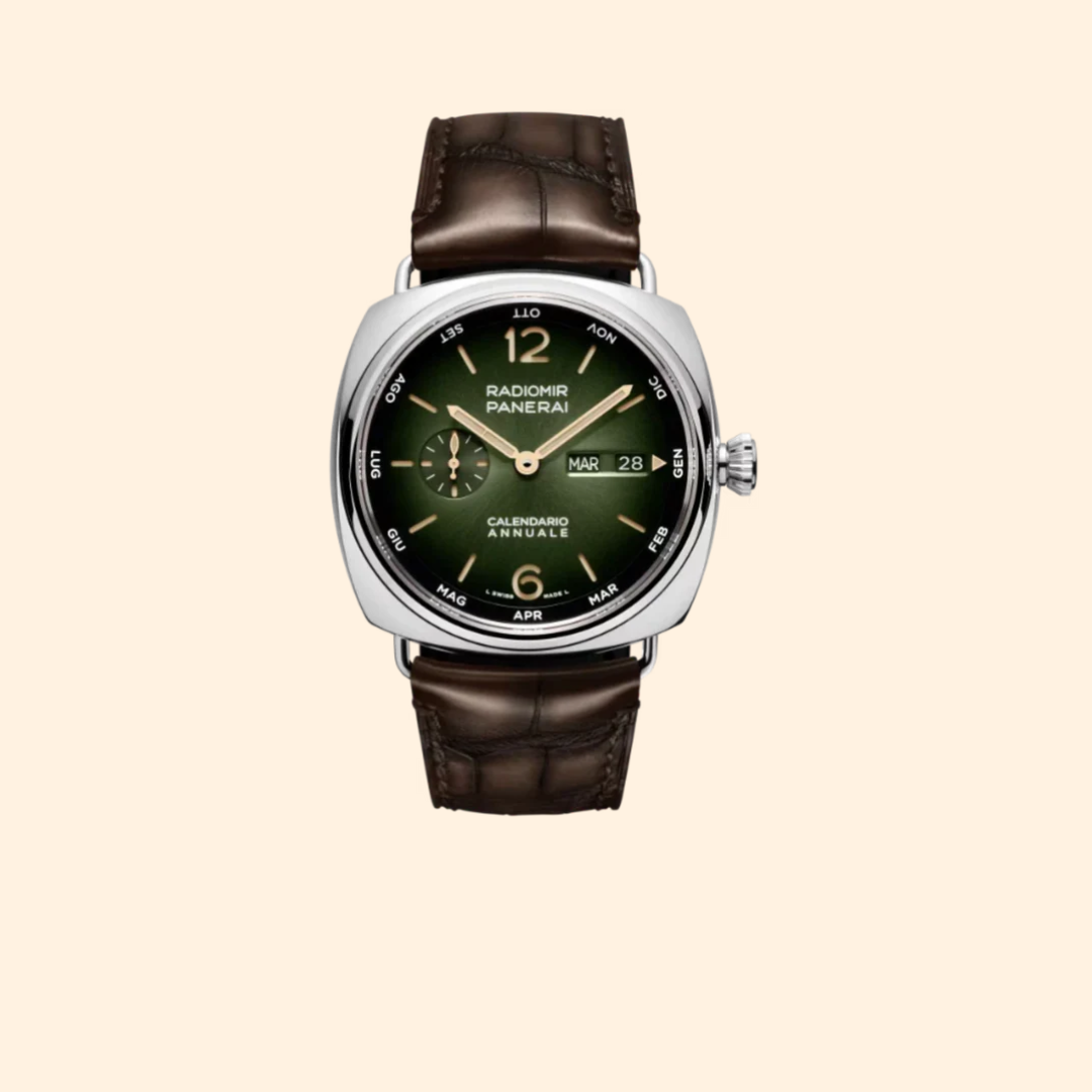 Panerai Radiomir Annual Calendar PAM01364 – 45mm Platinumtech™ with Brushed Green Dial on Brown Alligator Strap