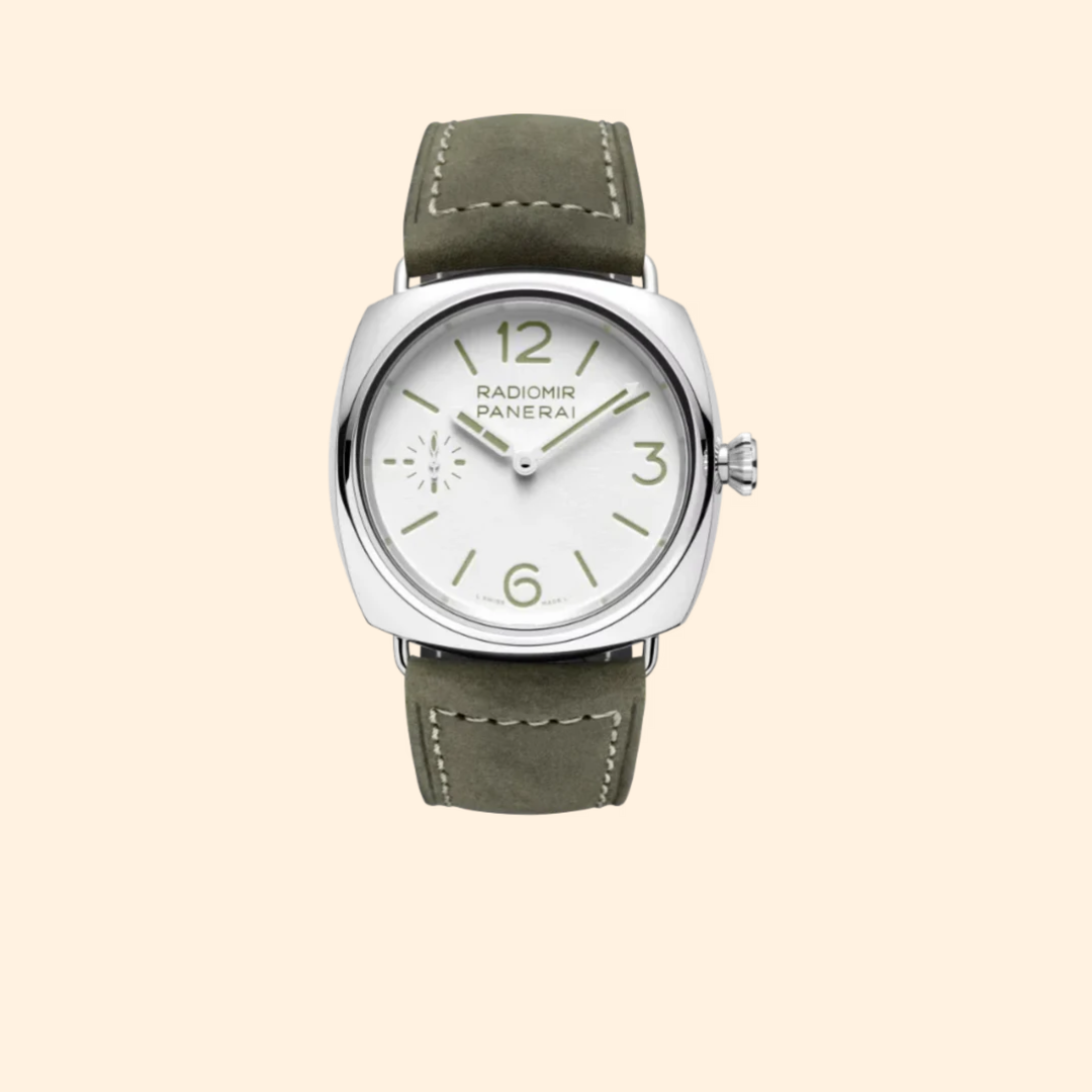 Panerai Radiomir Officine PAM01384 – 45mm Stainless Steel with White Dial on Green Suede Strap