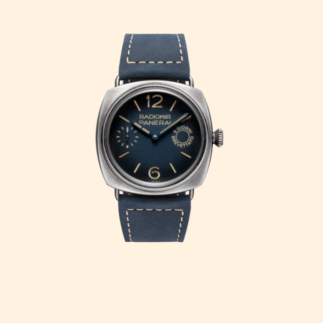 Panerai Radiomir Otto Giorni PAM01348 – 45mm Stainless Steel with Shaded Blue Dial on Blue Suede Strap