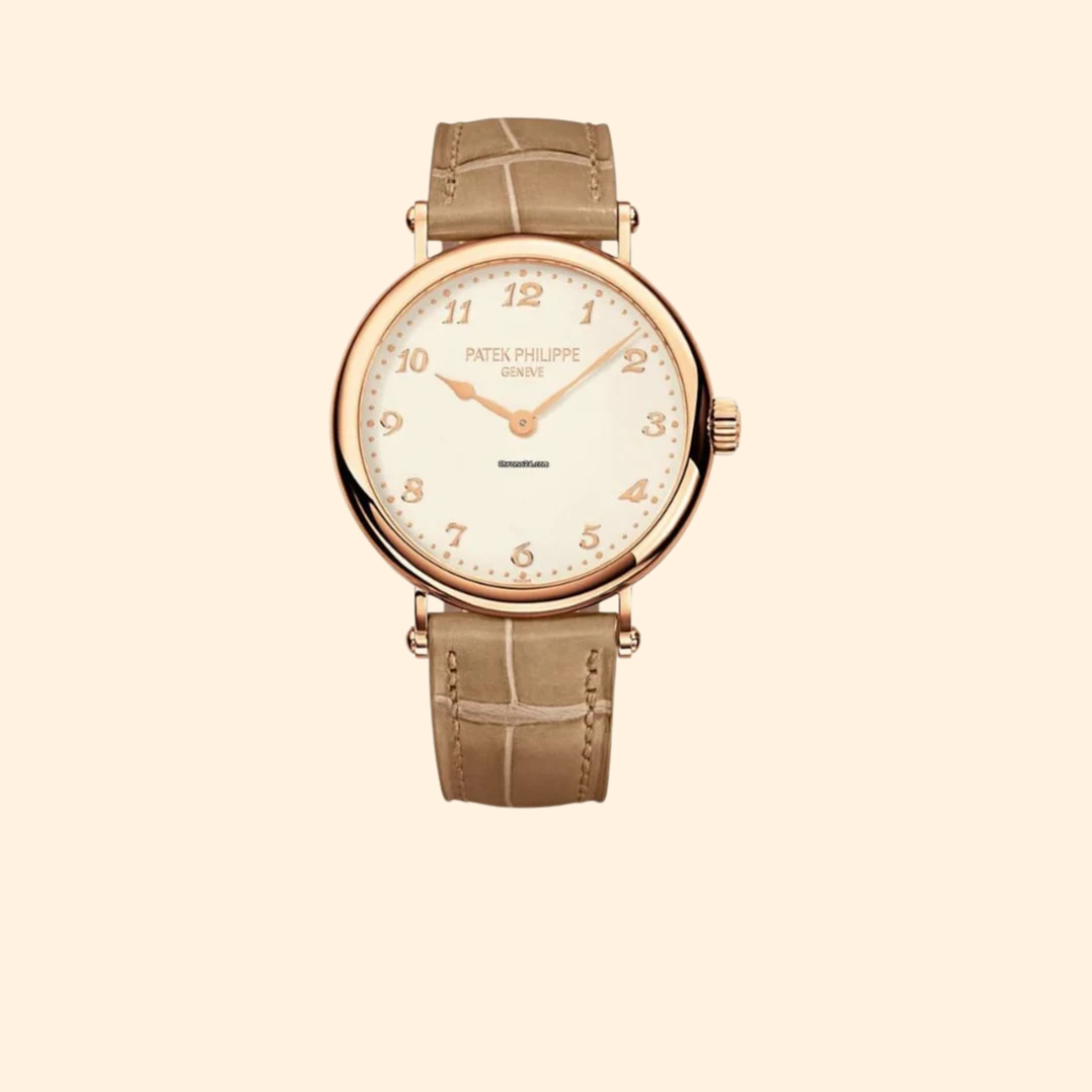 Patek Philippe Calatrava Ref. 7200R-001 – 35mm Rose Gold with White Dial on Beige Leather Strap (Ladies)