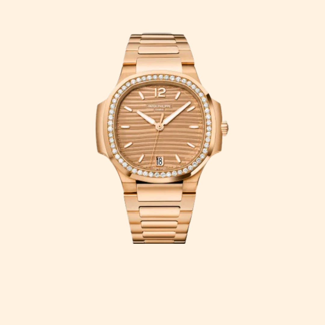 Patek Philippe Nautilus Ladies Ref. 7118/1200R-010 35.2 MM Rose Gold Golden Brown Opaline Embossed Dial with Diamond-Set Octagonal Bezel on Rose Gold Bracelet