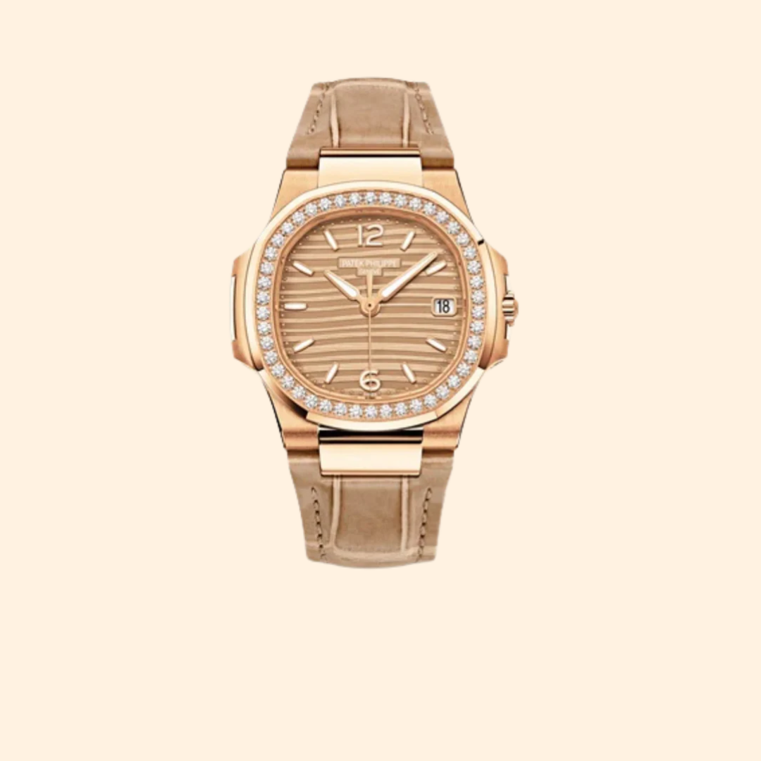 Patek Philippe Nautilus Ref. 7010R-012 32 MM Rose Gold Golden Embossed Dial with Diamond-Set Octagonal Bezel on Beige Shiny Alligator Strap