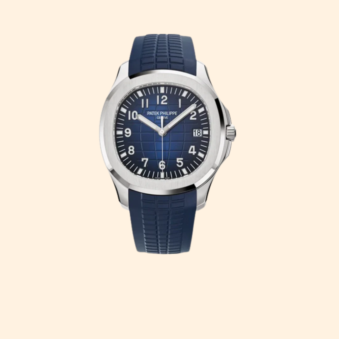 Patek Philippe Aquanaut Ref. 5168G-001 – 42.2mm White Gold with Blue-Black Gradient Embossed Dial on Midnight Blue Tropical Strap
