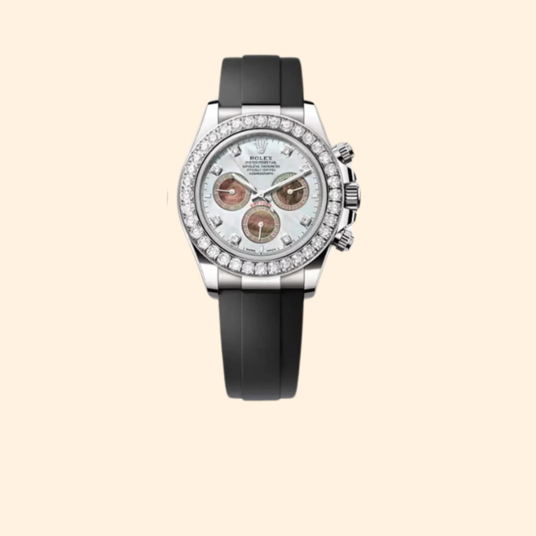 Rolex Daytona Ref. 126589RBR White Gold White Mother of Pearl Dial with Diamonds and Diamond-Set Bezel on Oysterflex