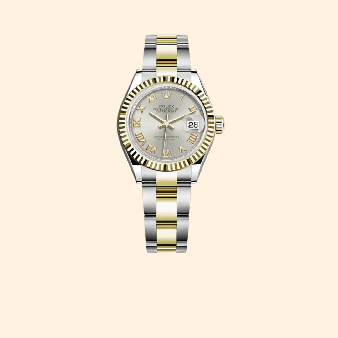 Rolex Lady-Datejust 28 mm Oystersteel & Yellow Gold with Silver Dial and Fluted Bezel