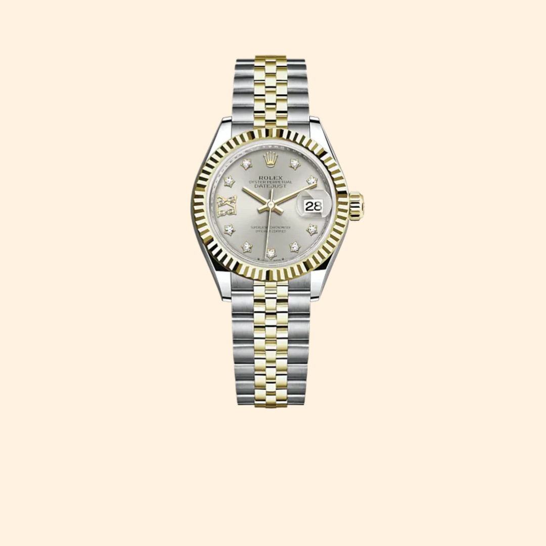Rolex Lady-Datejust 28 mm Oystersteel & Yellow Gold with Silver Diamond-Set Dial and Fluted Bezel
