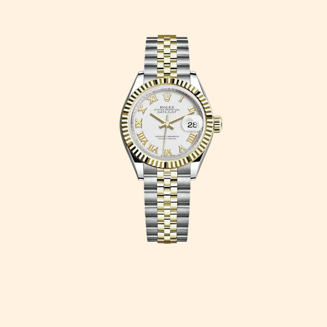 Rolex Lady-Datejust 28 mm Oystersteel & Yellow Gold with White Dial and Fluted Bezel