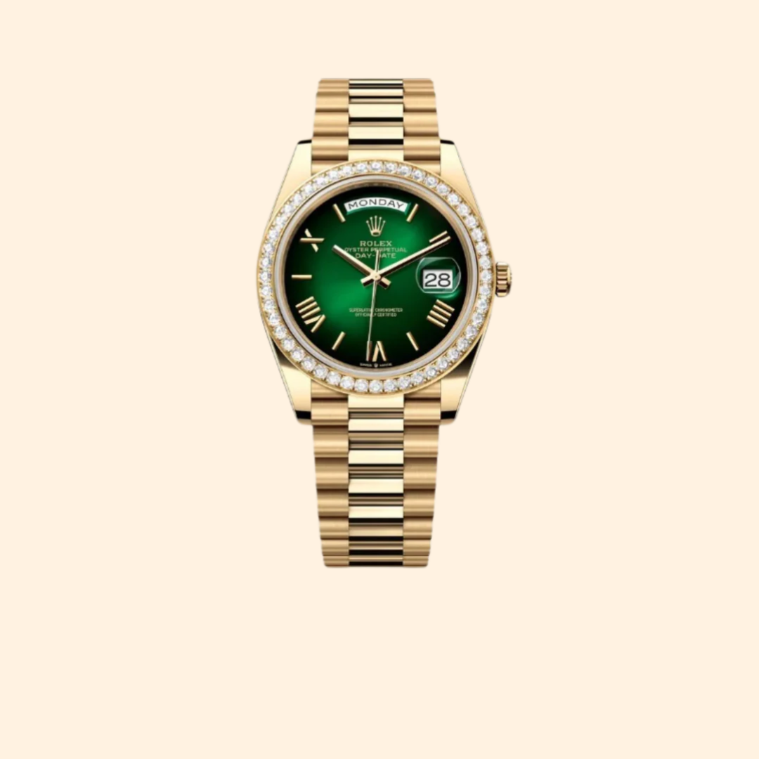 Rolex Day-Date Ref. 228348RBR Yellow Gold Ombre Green Dial Diamond Bezel