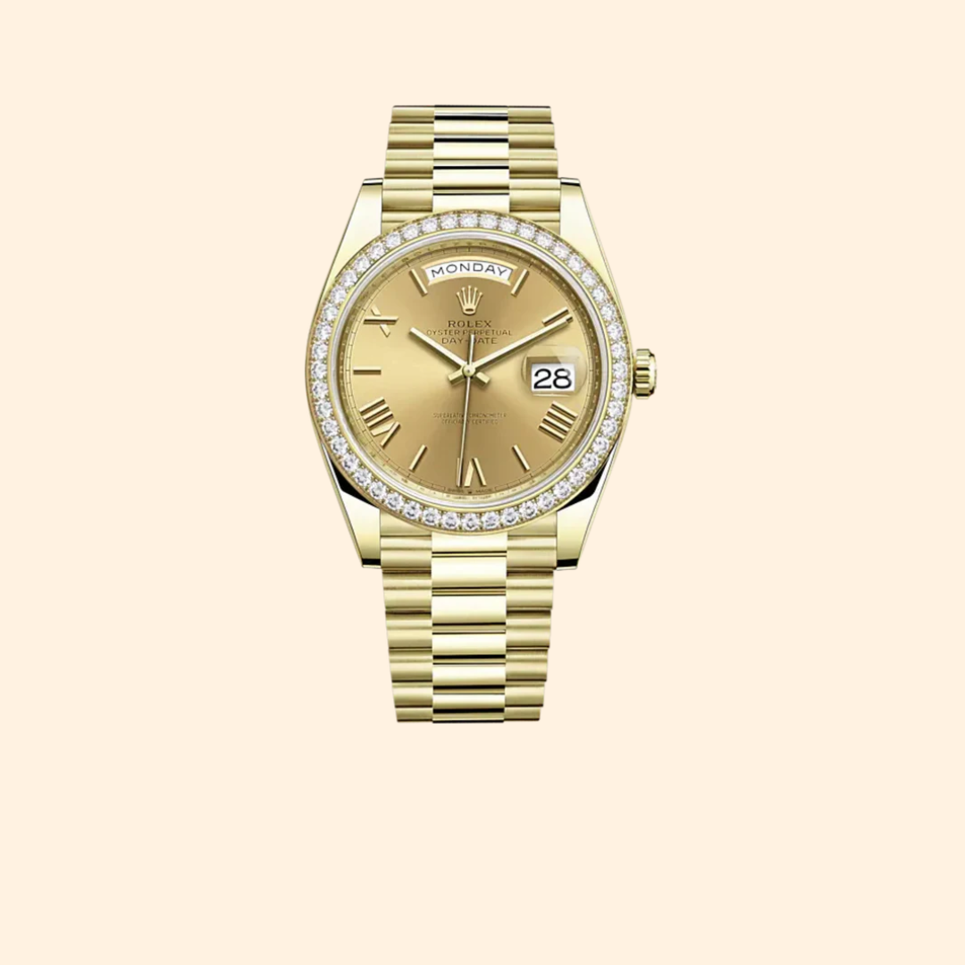 Rolex Day-Date 40 Ref. 228348RBR Yellow Gold Champagne Roman Dial & Diamond Bezel