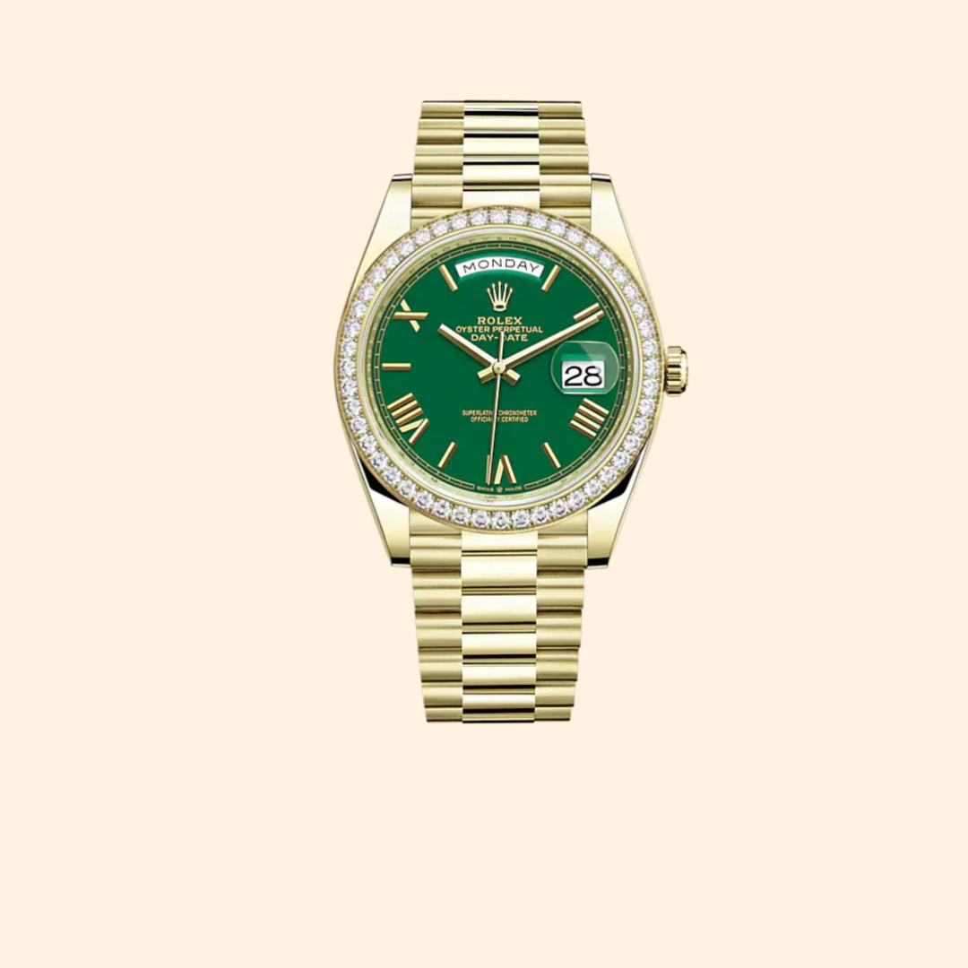 Rolex Day-Date 40 Ref. 228348RBR Yellow Gold Green Roman Dial & Diamond Bezel