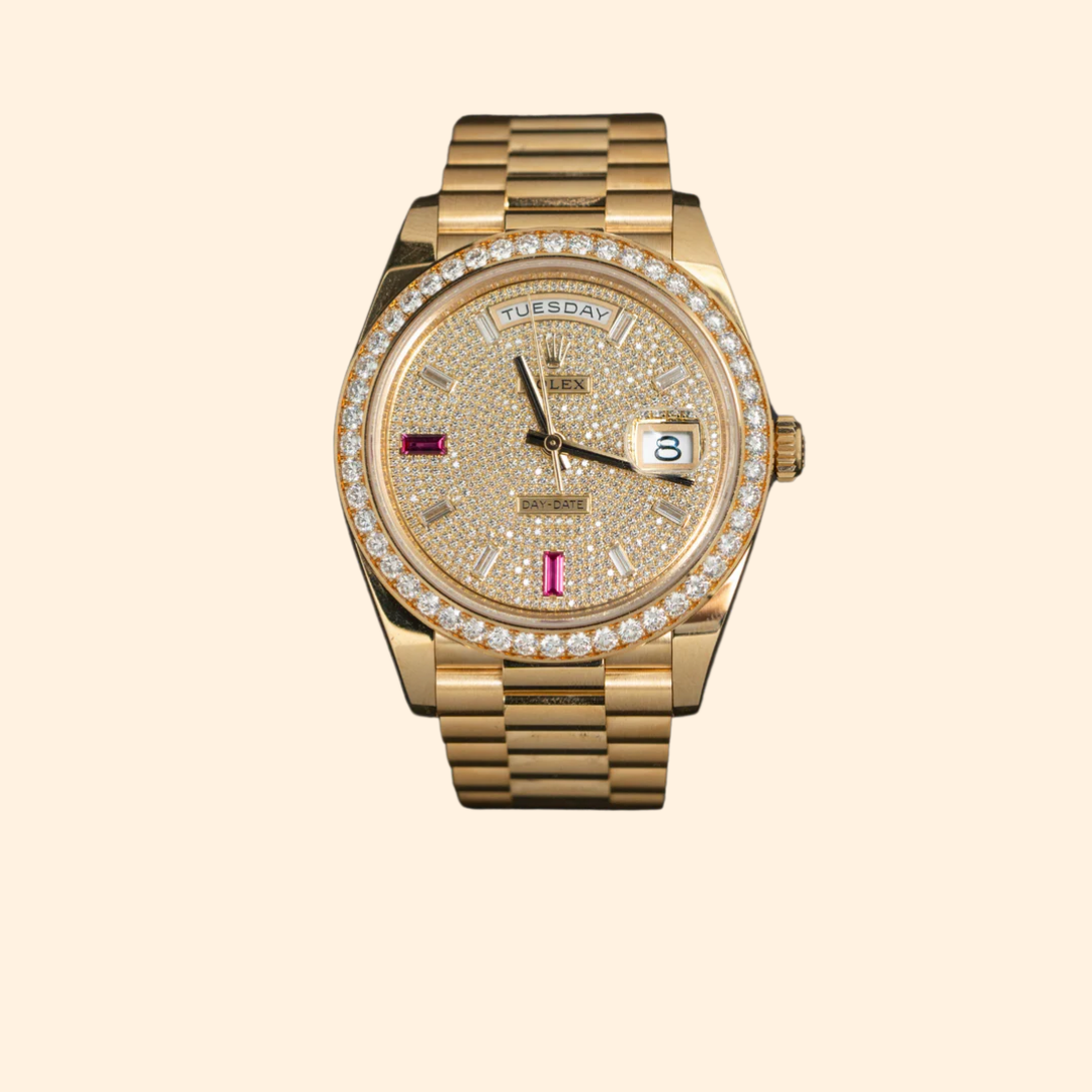 Rolex Day-Date 40 Ref. 228348RBR Yellow Gold Pave Diamond Dial with Ruby Hour Markers & Diamond Bezel