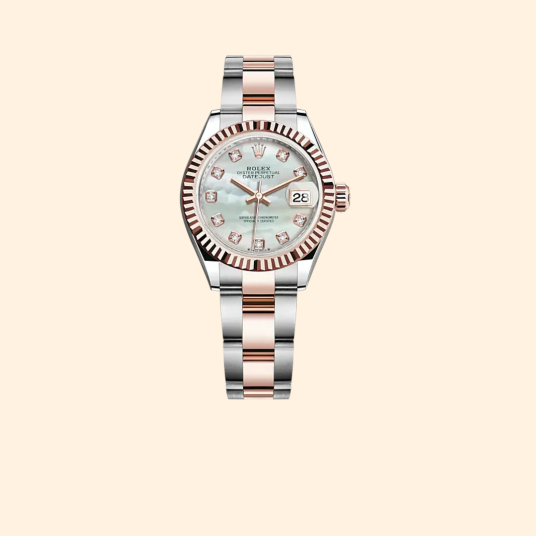 Rolex Lady-Datejust 279171 28 mm Oystersteel and Everose Gold with White Mother-of-Pearl Diamond-Set Dial and Fluted Bezel