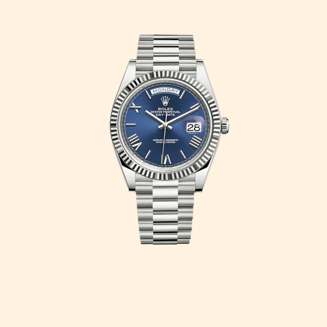 Rolex Day-Date 40 Ref. 228239 White Gold with Bright Blue Dial & Fluted Bezel