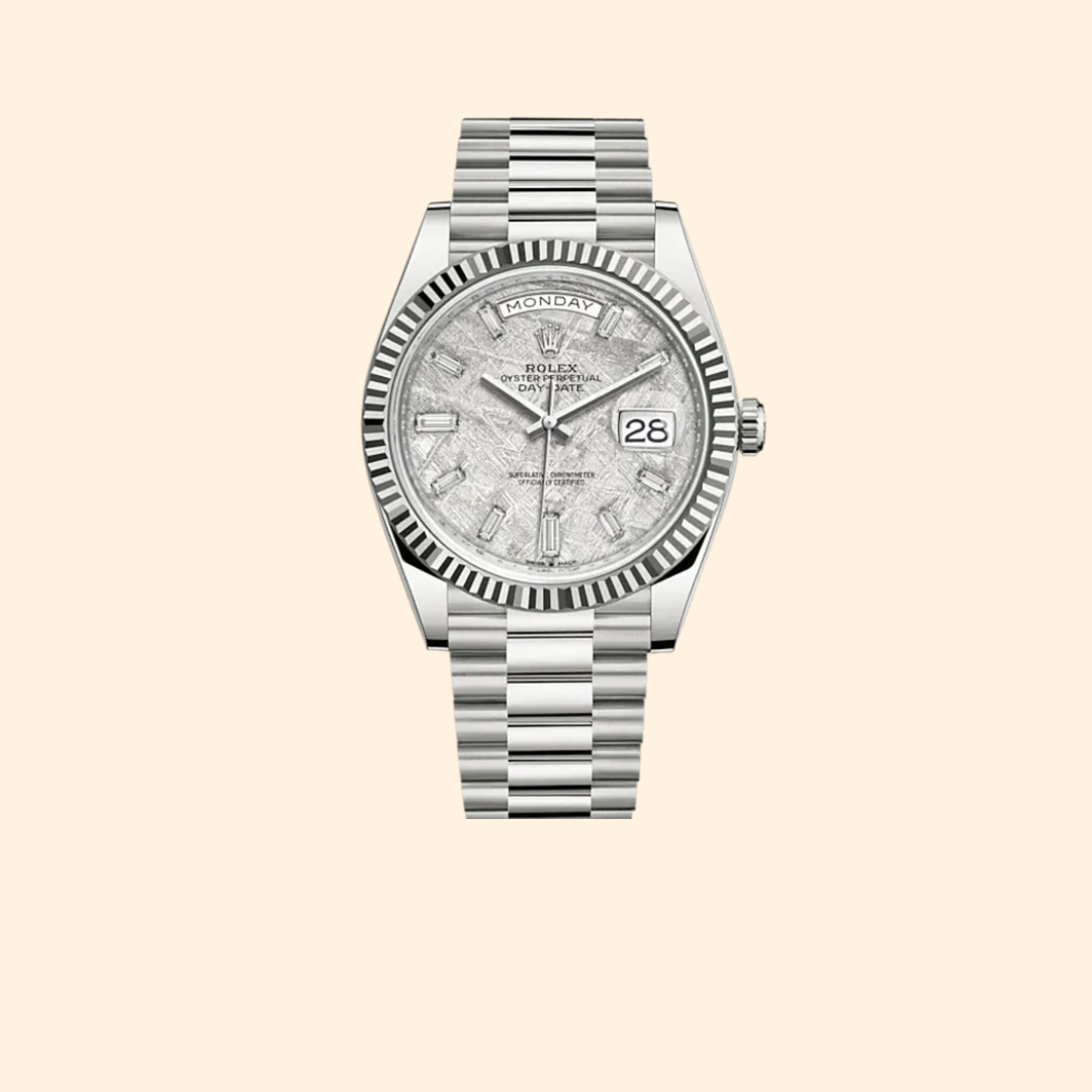 Rolex Day-Date 40 Ref. 228239 White Gold with Meteorite Diamond-Set Dial & Fluted Bezel