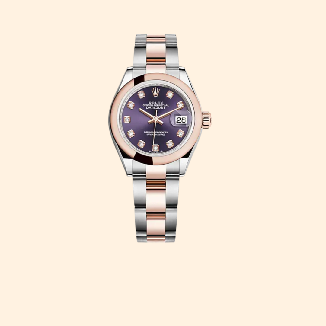 Rolex Lady-Datejust 279161 28 mm Oystersteel and Everose Gold with Aubergine Diamond-Set Dial and Domed Bezel