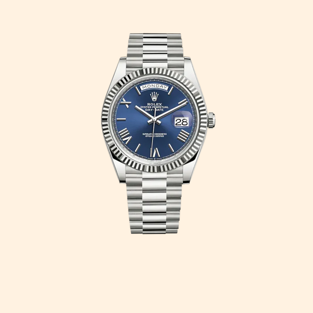 Rolex Day-Date 40 Ref. 228239 White Gold with Blue Dial & Fluted Bezel
