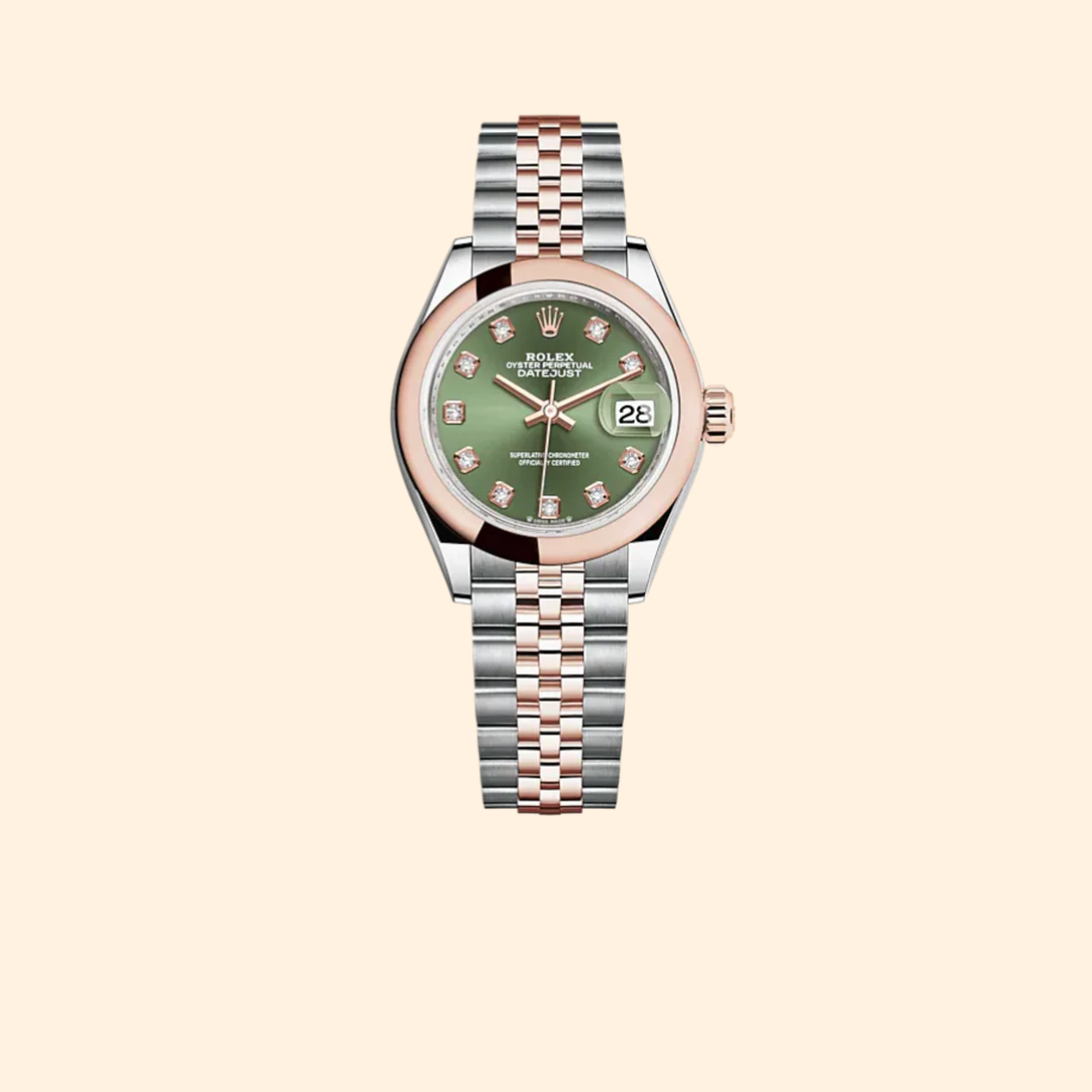 Rolex Lady-Datejust 279161 28 mm Oystersteel and Everose Gold with Olive-Green Diamond-Set Dial and Domed Bezel