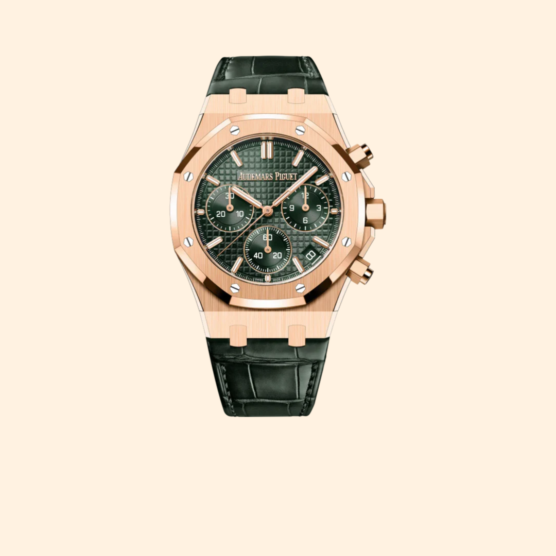 Audemars Piguet Royal Oak Ref. 26240OR.OO.D404CR.02 41MM Rose Gold Khaki Grande Tapisserie Dial on Green Alligator Strap