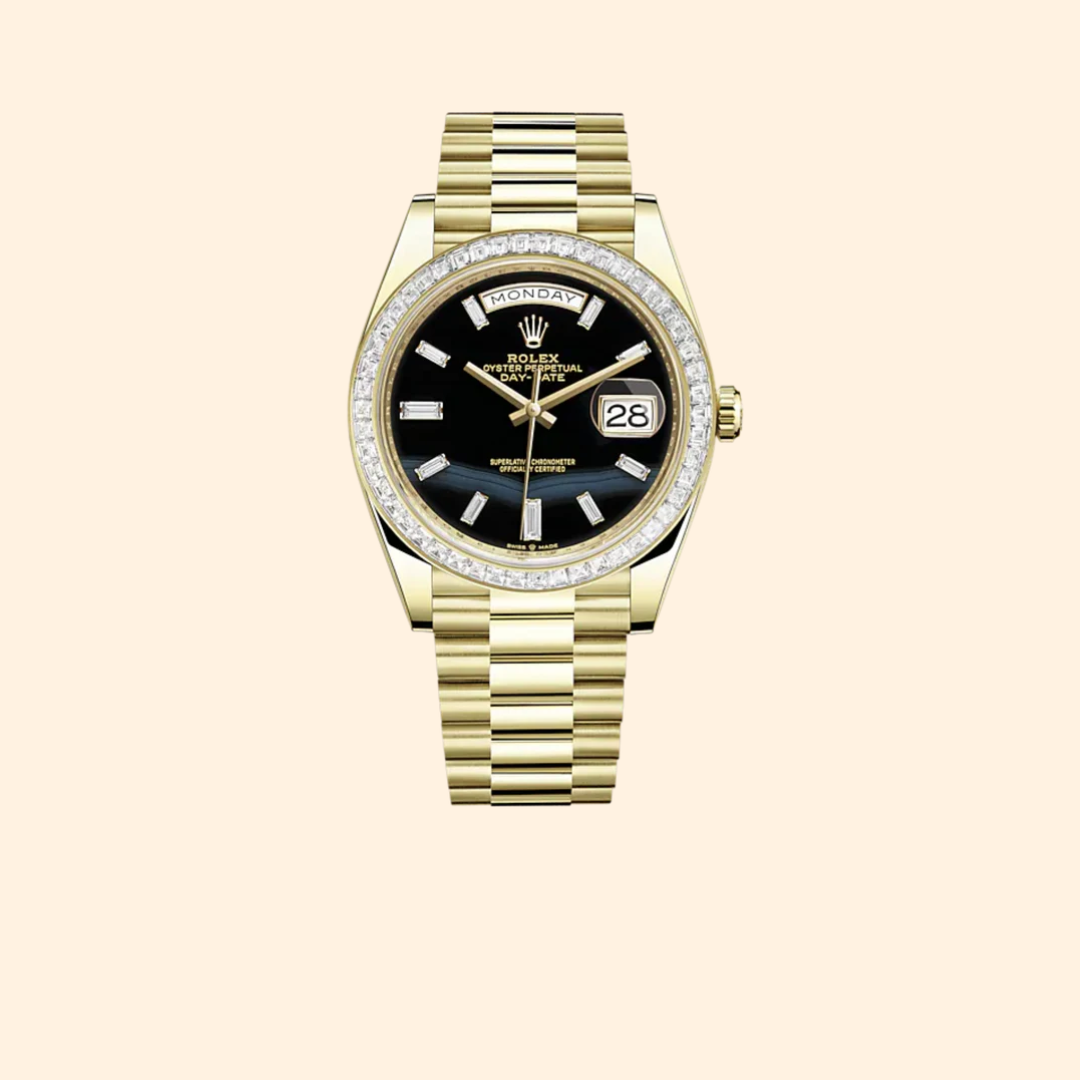 Rolex Day-Date Ref. 228398TBR 40 mm 18k Yellow Gold with Onyx Dial and Diamond-Set Bezel