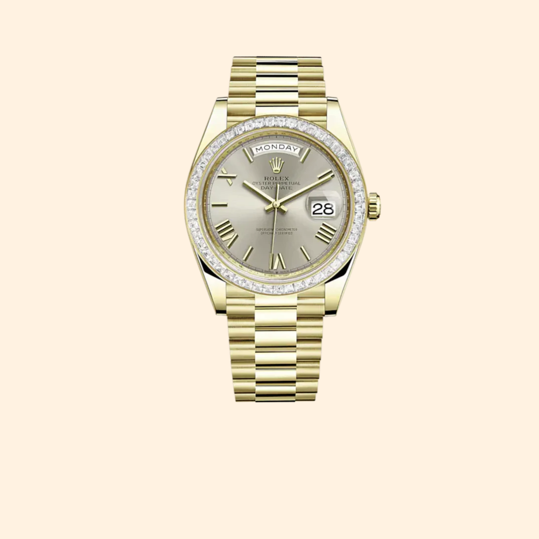 Rolex Day-Date Ref. 228398TBR 40 mm 18k Yellow Gold with Silver Dial and Diamond-Set Bezel