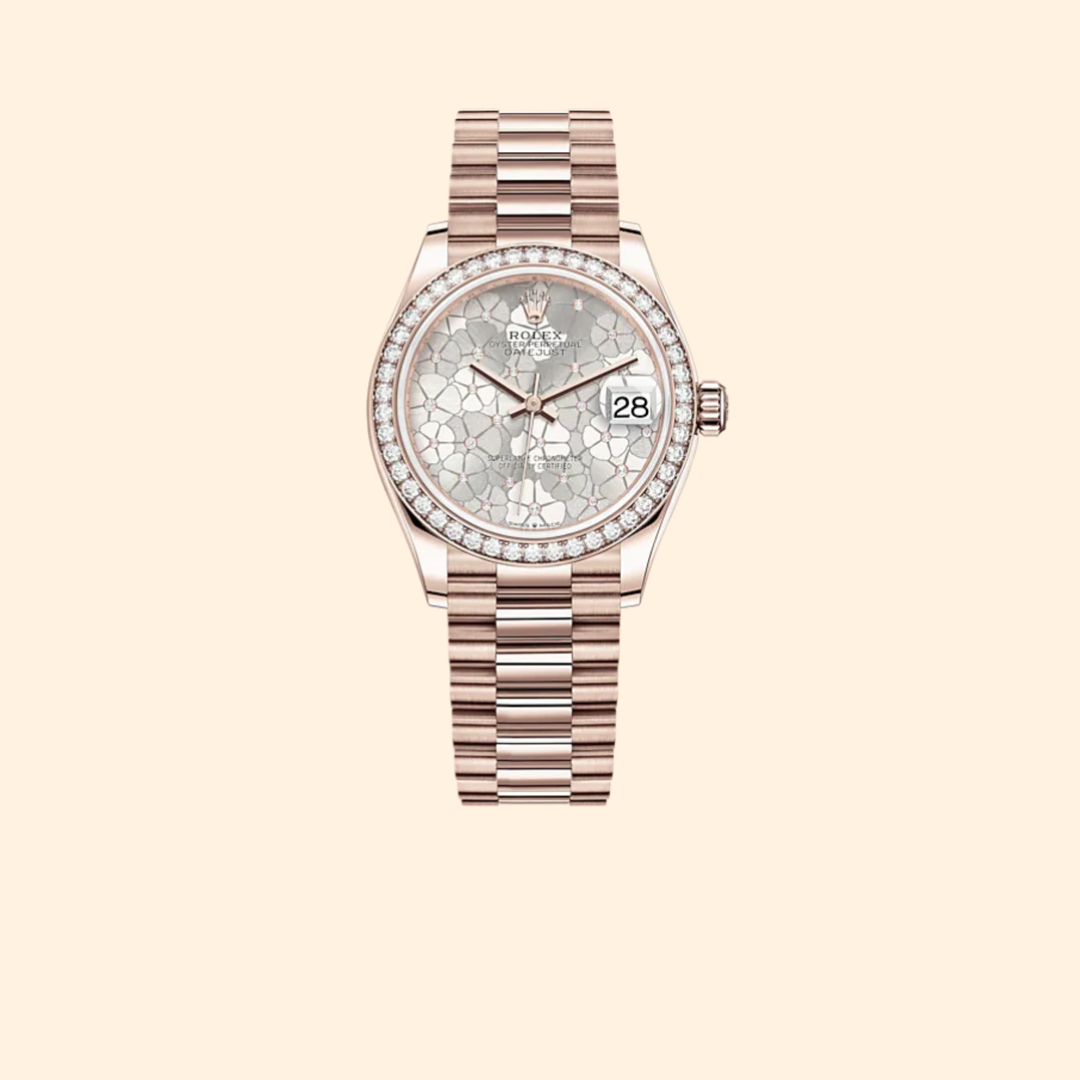 Rolex Datejust 31 Ref. 278285RBR 31 mm Everose Gold with Silver Floral-Motif Diamond-Set Dial