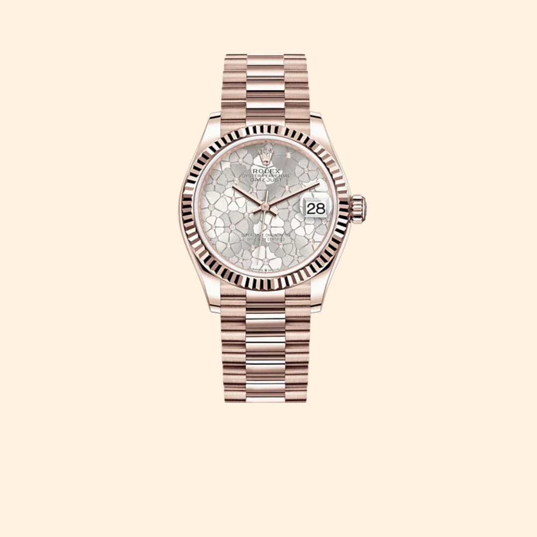 Rolex Datejust 31 Ref. 278275 31 mm Everose Gold with Silver Floral-Motif Diamond-Set Dial and Fluted Bezel